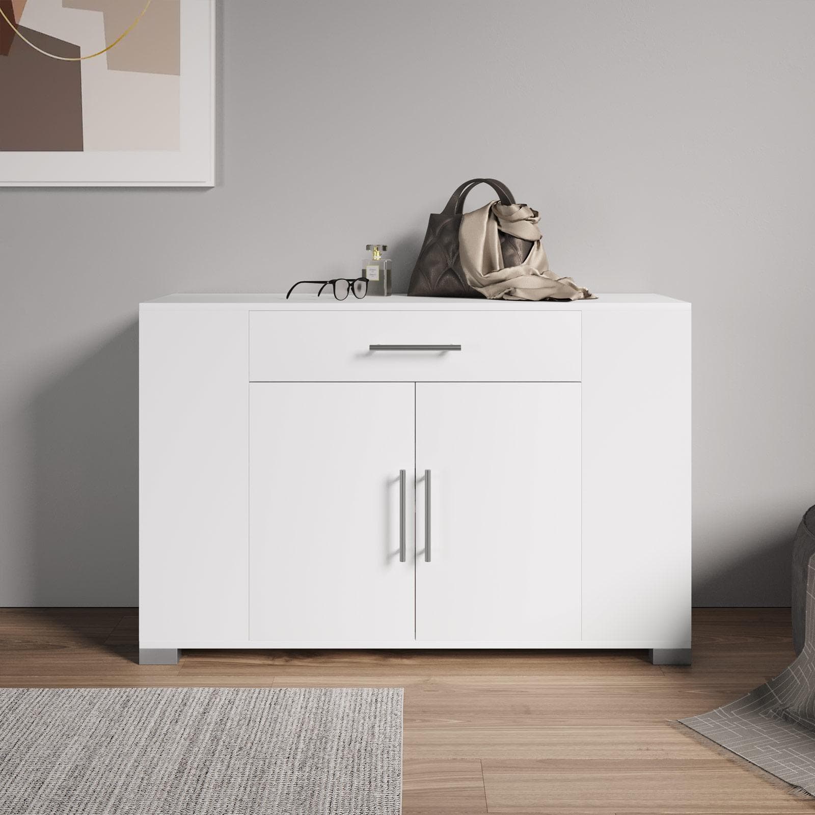 Mobile multiuso 116x76h cm bianco con ante e cassetti frontali e vani laterali - Timoti