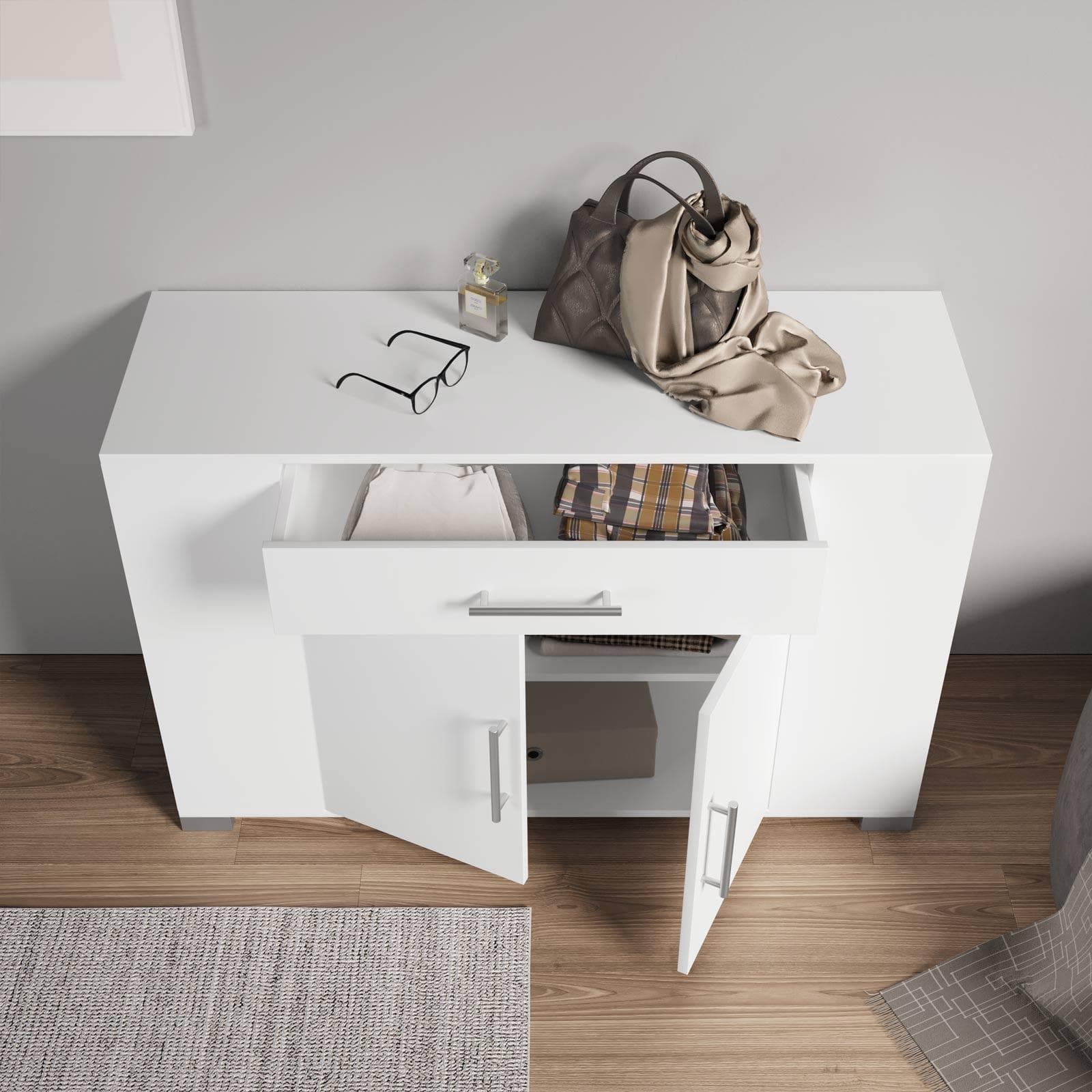 Mobile multiuso 116x76h cm bianco con ante e cassetti frontali e vani laterali - Timoti