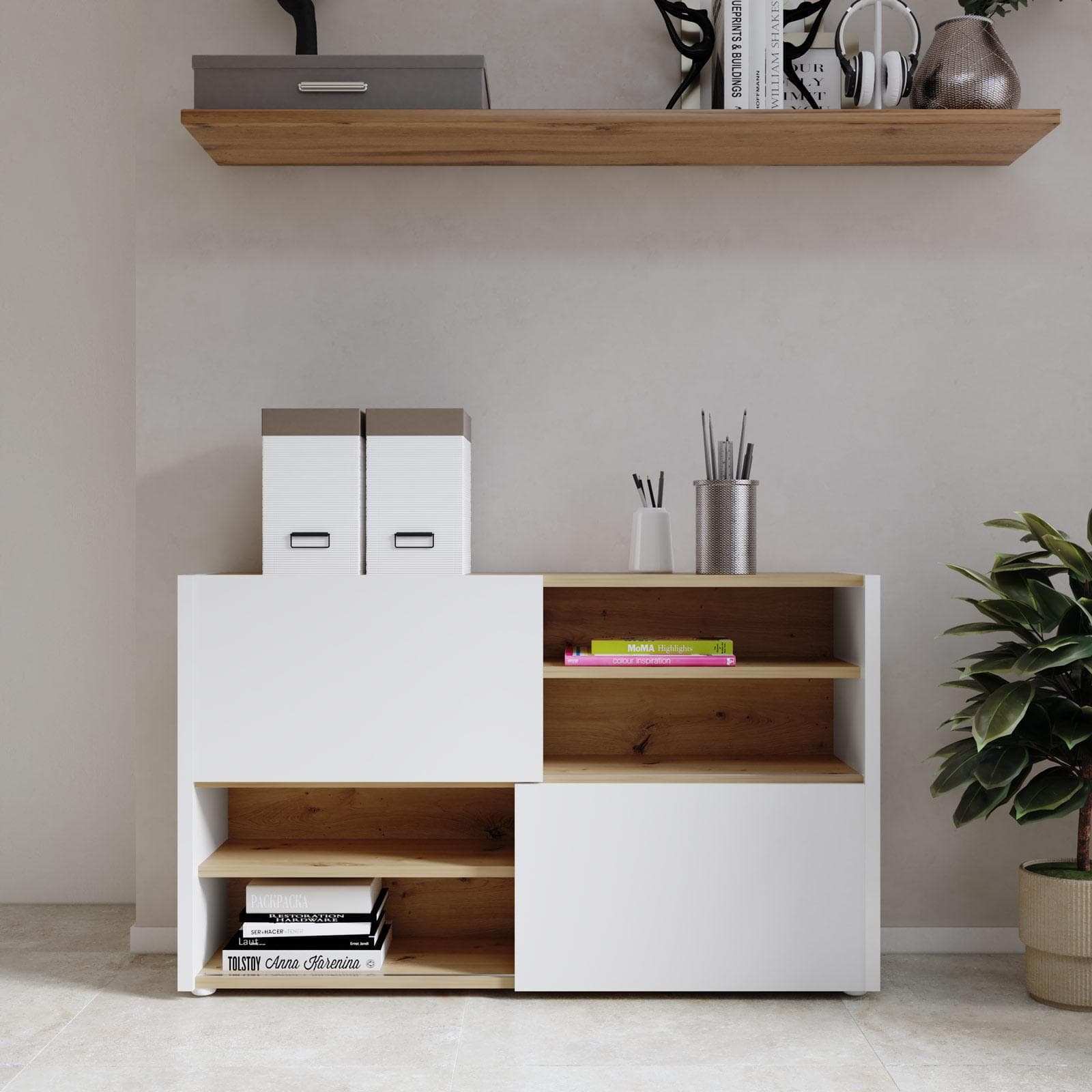 Mobile multiuso 140x85h top e ripiani rovere artisan e 2 ante scorrevoli bianco lucido - Neos