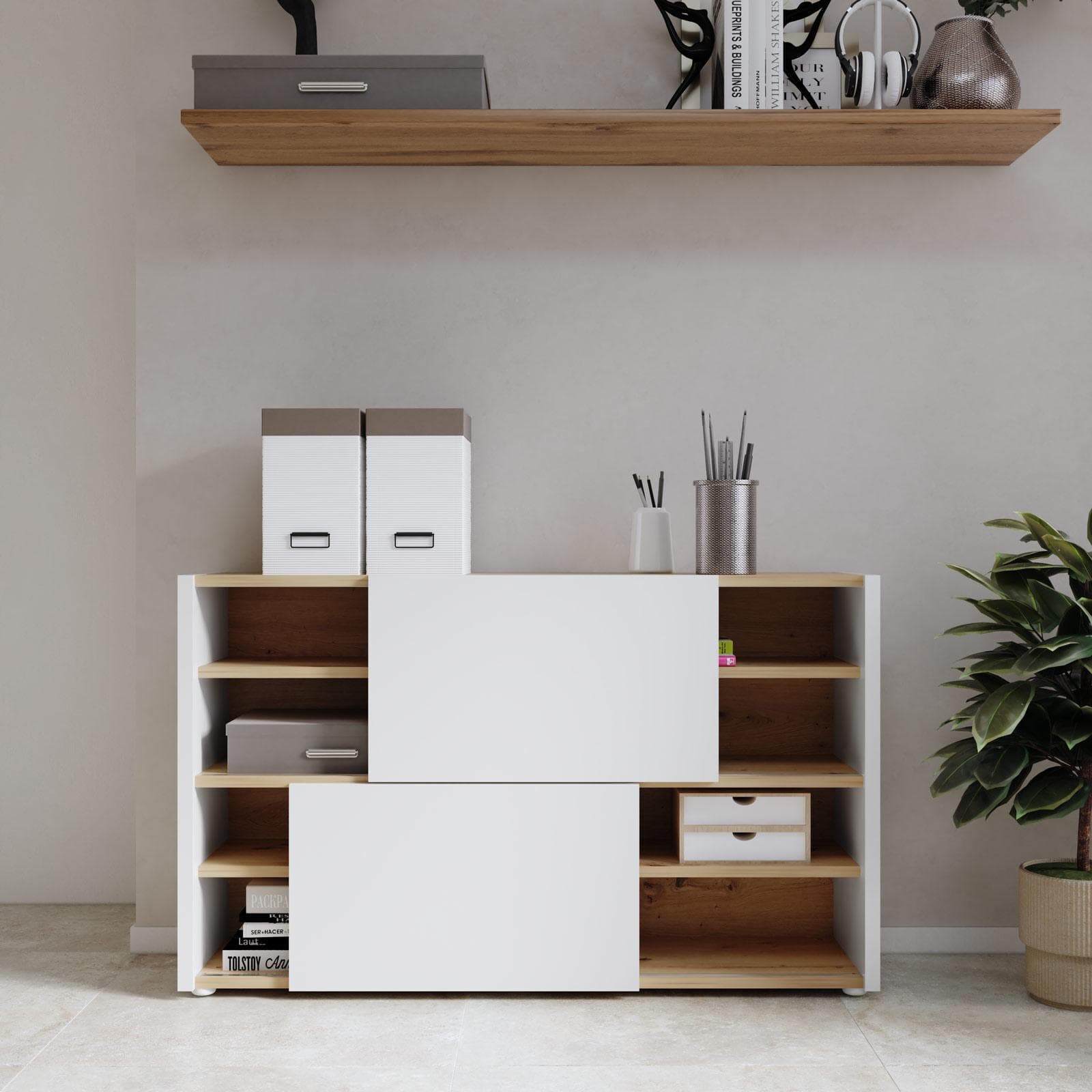 Mobile multiuso 140x85h top e ripiani rovere artisan e 2 ante scorrevoli bianco lucido - Neos