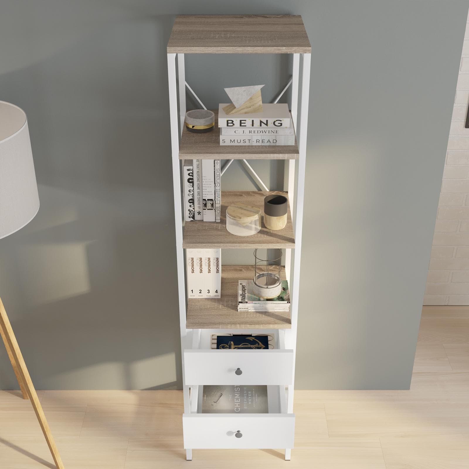 Mobile multiuso 40x160h cm in acciaio bianco e rovere con ripiani e 2 cassetti - Sheryl