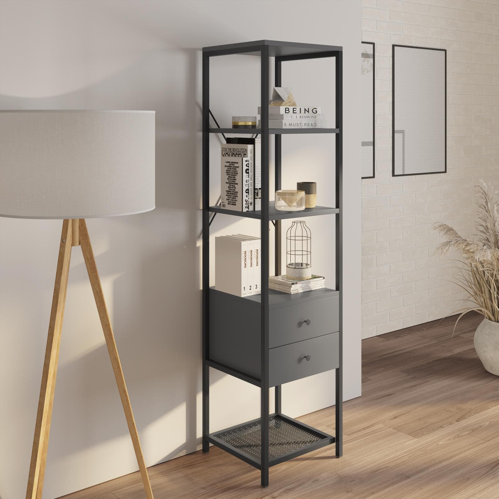 Mobile multiuso 40x160h cm in acciaio nero e antracite con ripiani e 2 cassetti - Sheryl
