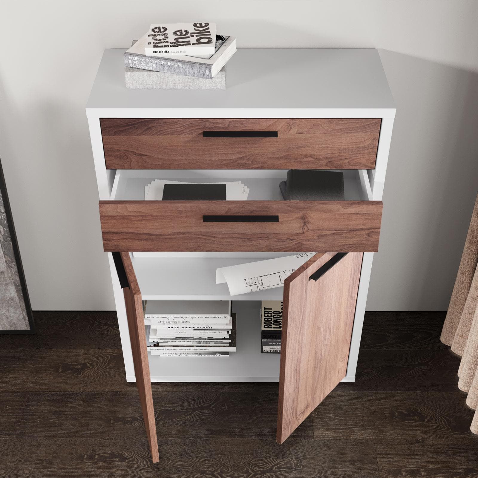 Mobile multiuso 80x112h cm bianco lucido con 2 ante e 2 cassetti noce brera - Historic brown