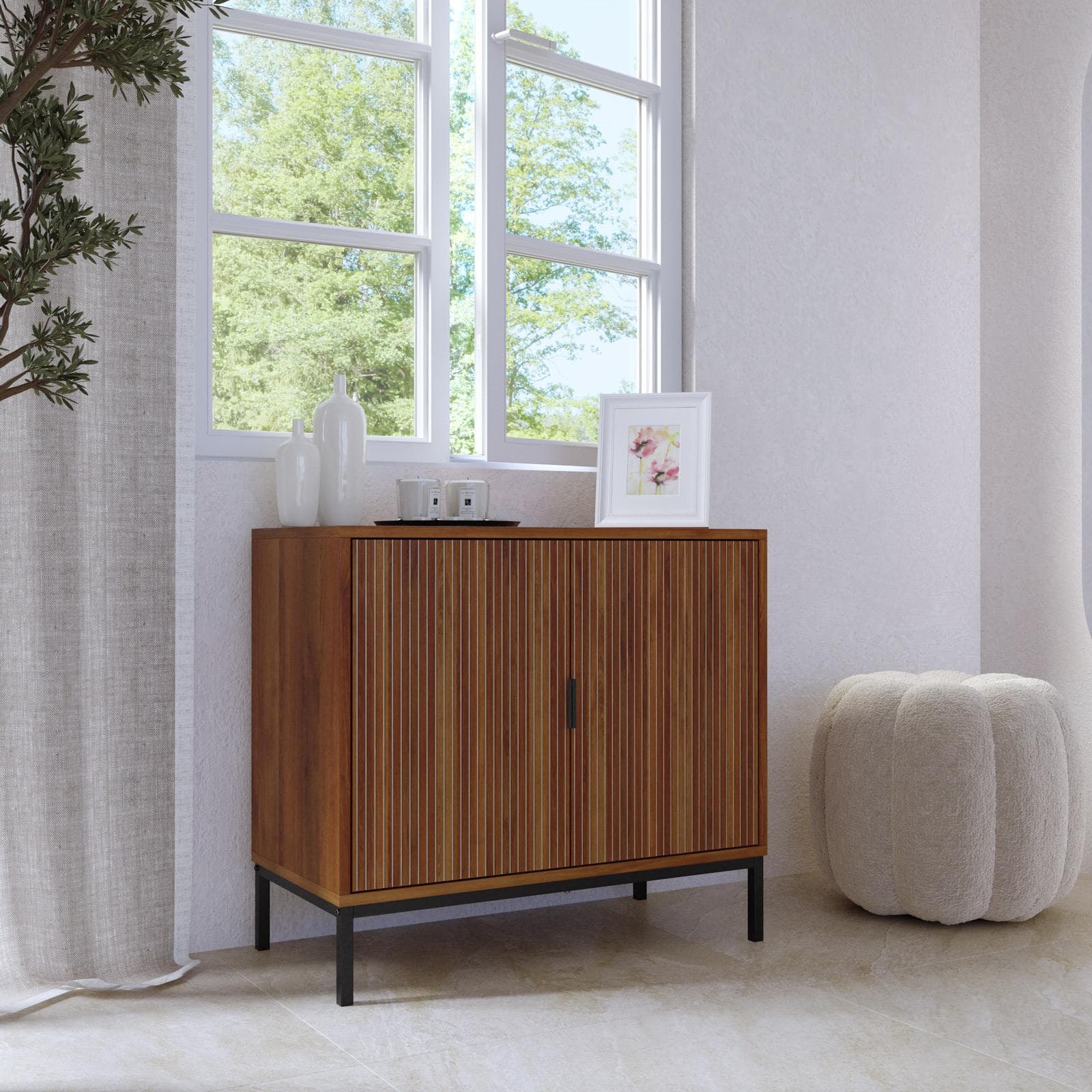 Mobile multiuso 80x72h cm noce carter cannettato con 2 ante e piedi in metallo nero - Acosta