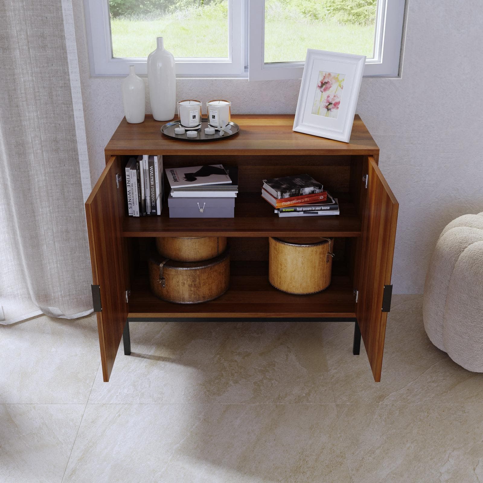 Mobile multiuso 80x72h cm noce carter cannettato con 2 ante e piedi in metallo nero - Acosta