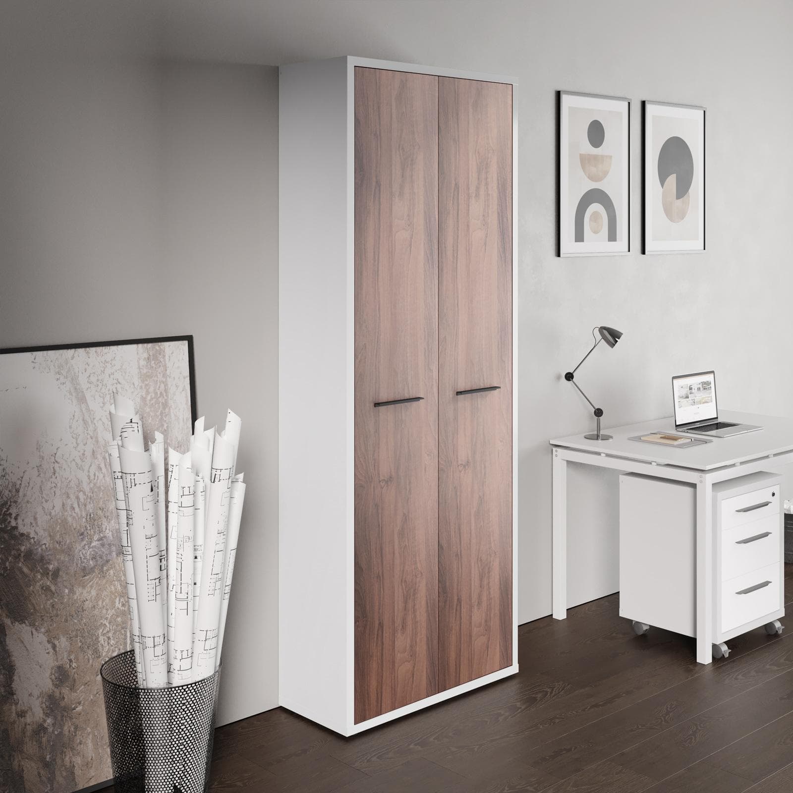 Mobile multiuso 82x217h cm bianco lucido con 2 ante lunghe noce brera - Historic brown