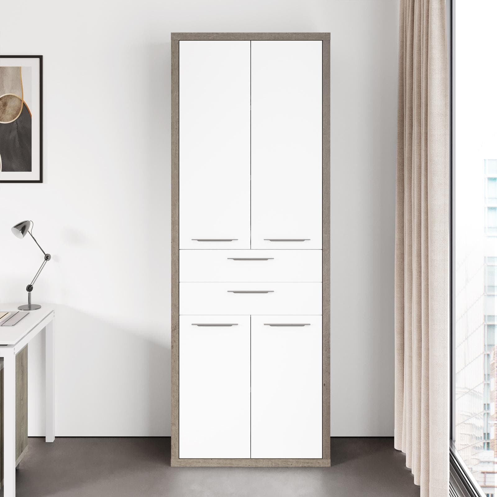Libreria 82x217h cm rovere tartufo con 4 ante e 2 cassetti bianco lucido - Homely office