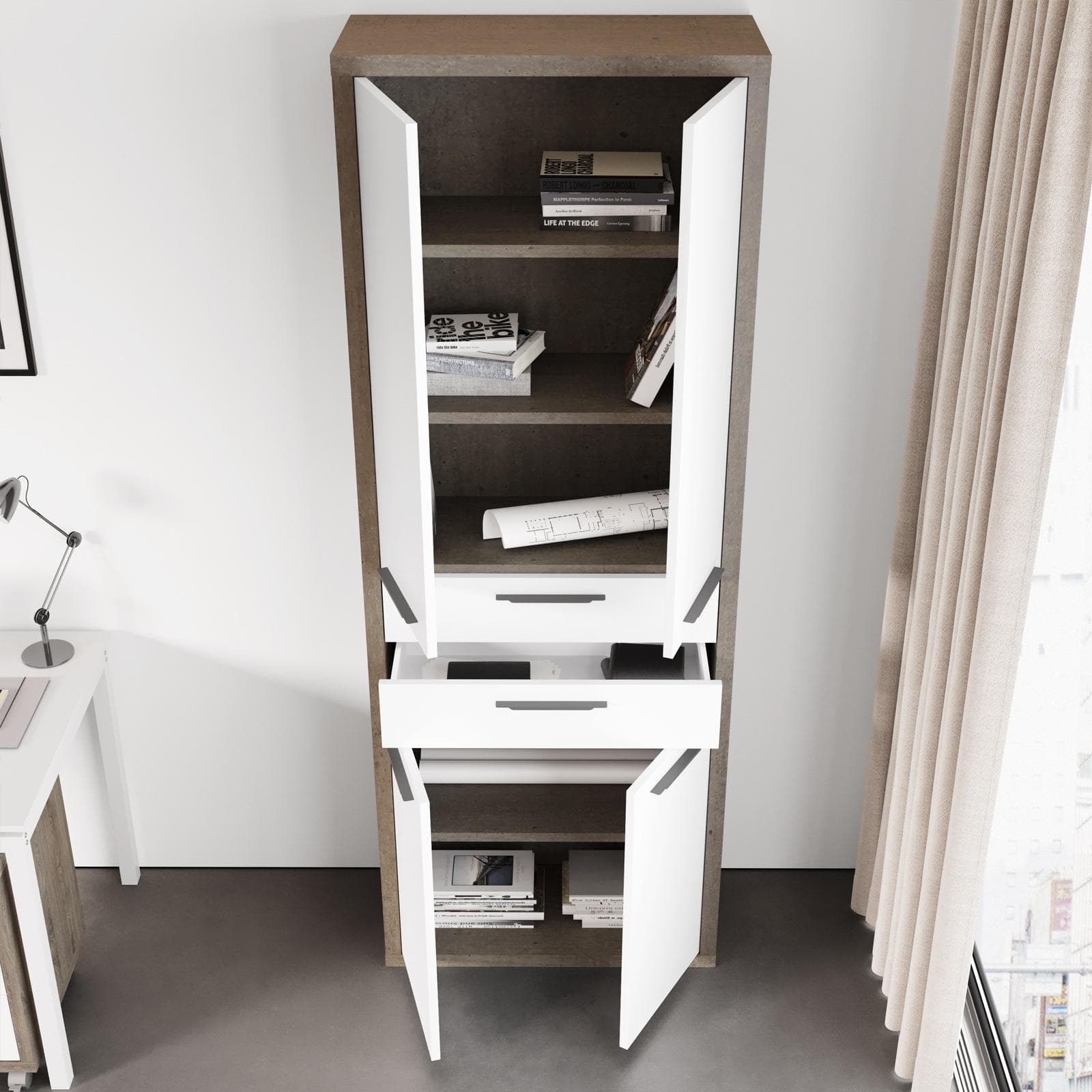 Libreria 82x217h cm rovere tartufo con 4 ante e 2 cassetti bianco lucido - Homely office