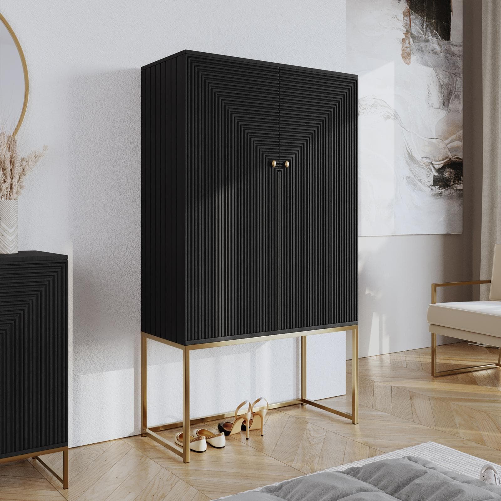 Mobile multiuso 90x150 cm in legno di mango nero cannettato e metallo oro - Dunkel