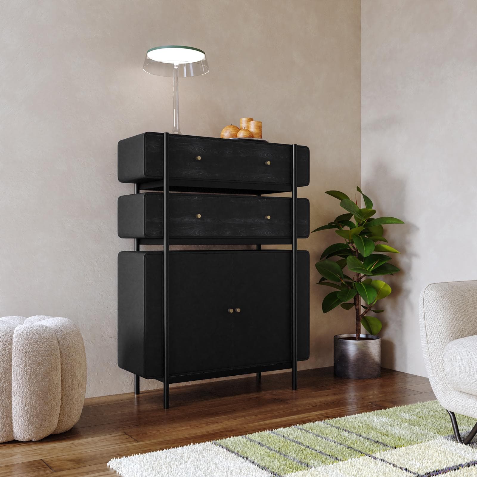 Mobile multiuso 92x123h cm in legno nero craven e metallo nero con cassetti e ante - Kirki