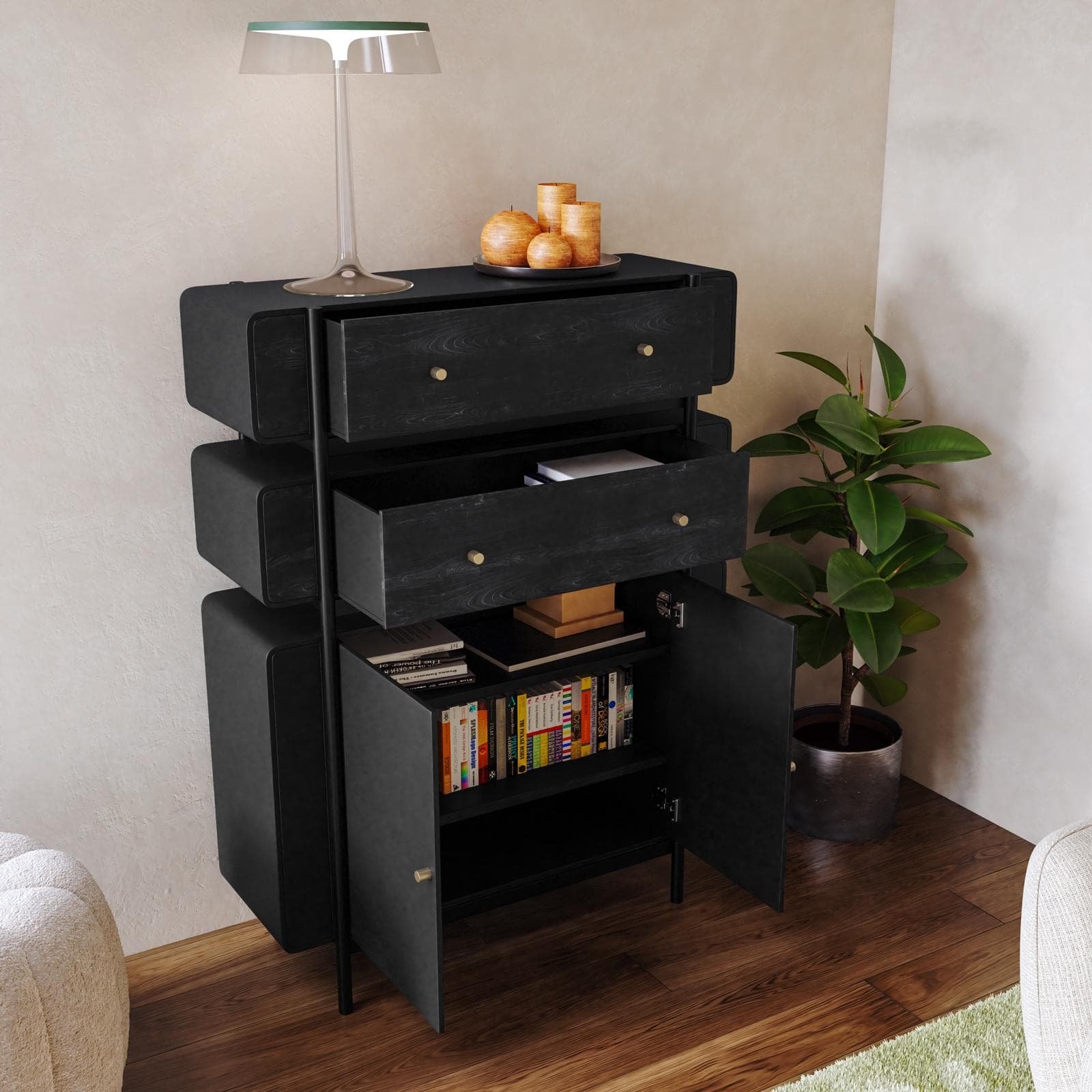 Mobile multiuso 92x123h cm in legno nero craven e metallo nero con cassetti e ante - Kirki