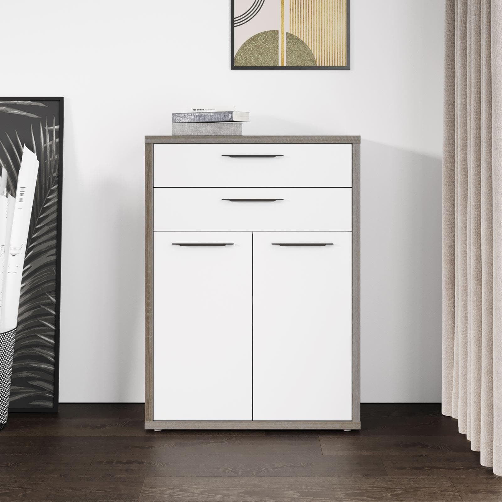 Mobile multiuso 82x112h cm rovere tartufo con 2 ante e 2 cassetti bianco lucido - Homely office