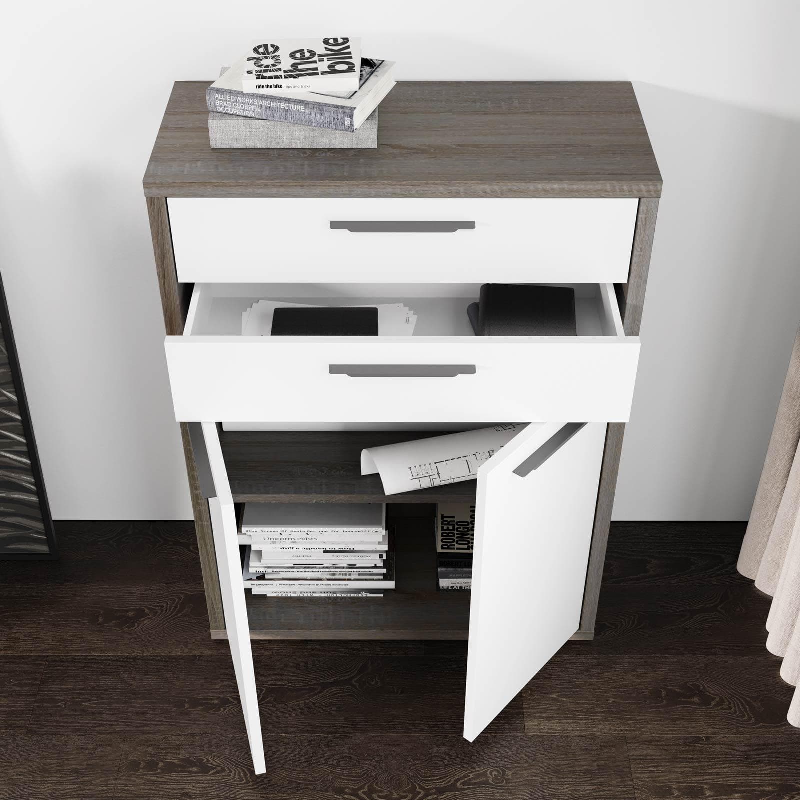 Mobile multiuso 82x112h cm rovere tartufo con 2 ante e 2 cassetti bianco lucido - Homely office