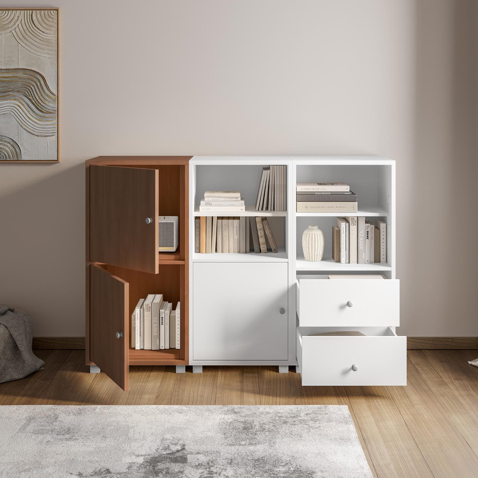 Mobile multiuso modulare 146x100h cm bianco con 2 ante effetto ciliegio - Modar
