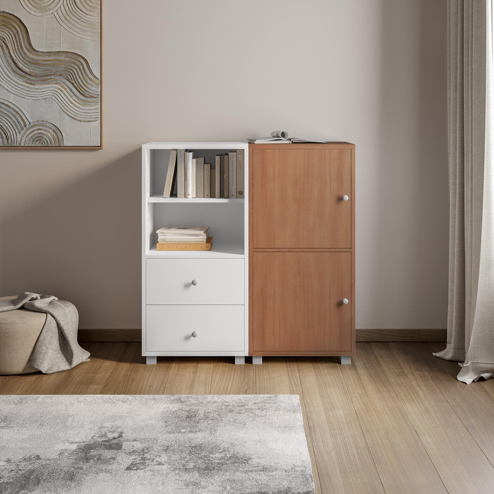 Mobile multiuso modulare 97x100h cm bianco con 2 ante effetto ciliegio - Modar