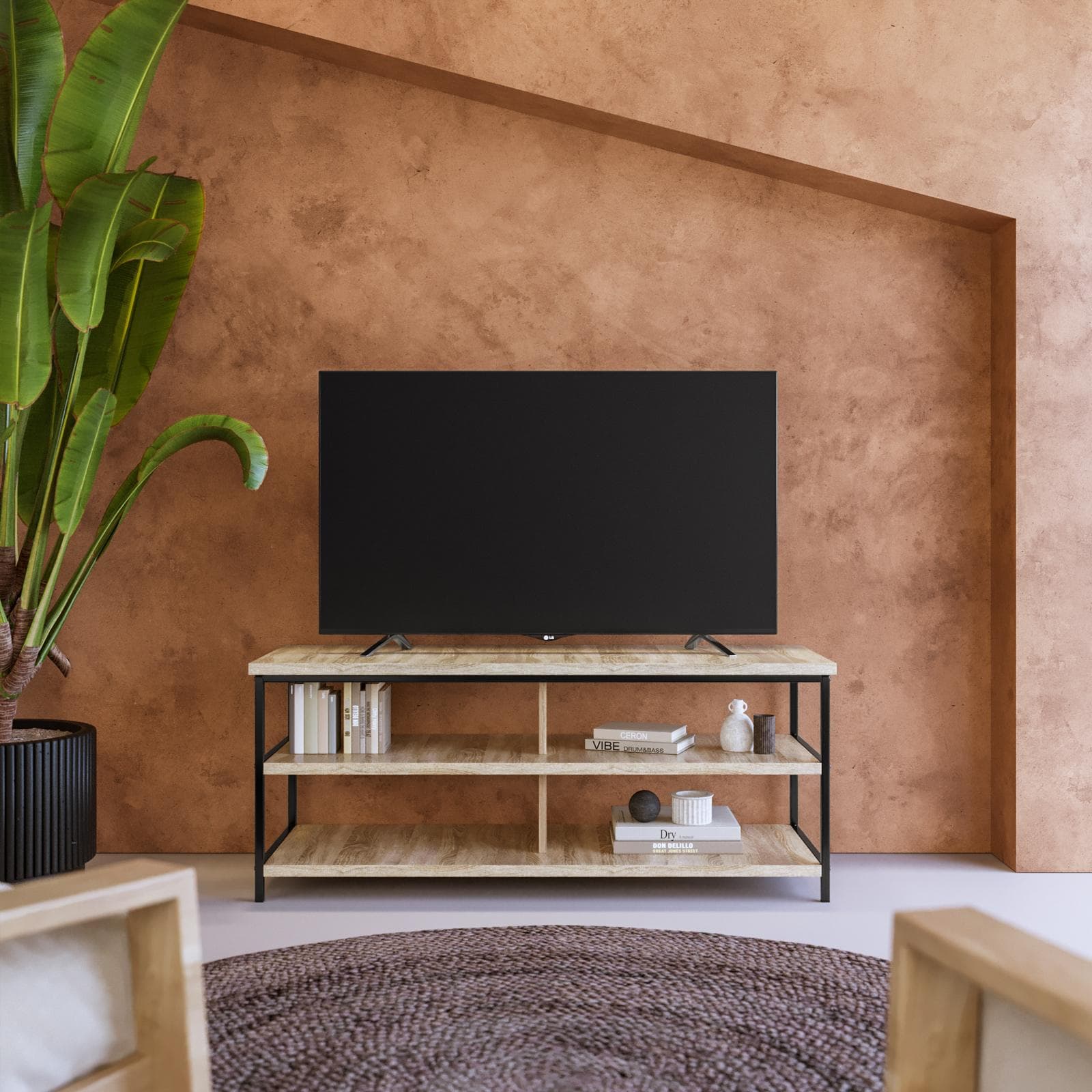 Mobile porta tv 110x45h cm top e ripiani effetto rovere e struttura in acciaio nero - Duke