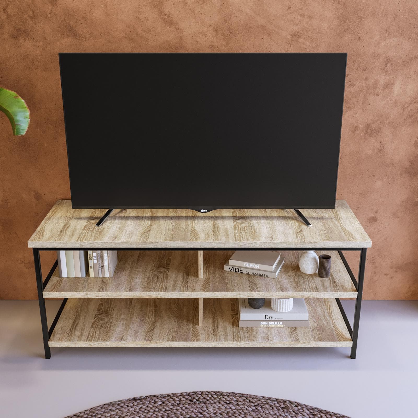 Mobile porta tv 110x45h cm top e ripiani effetto rovere e struttura in acciaio nero - Duke
