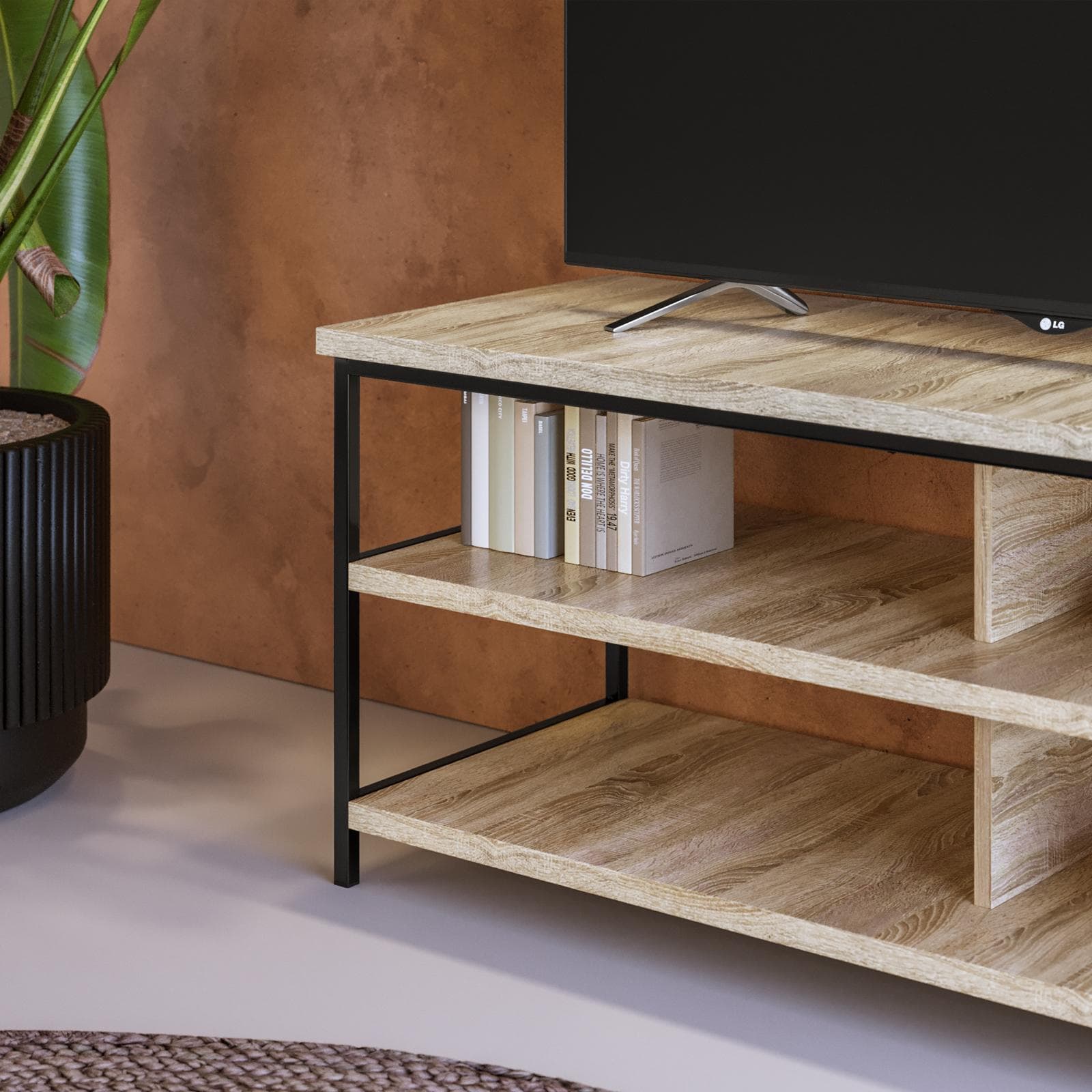 Mobile porta tv 110x45h cm top e ripiani effetto rovere e struttura in acciaio nero - Duke