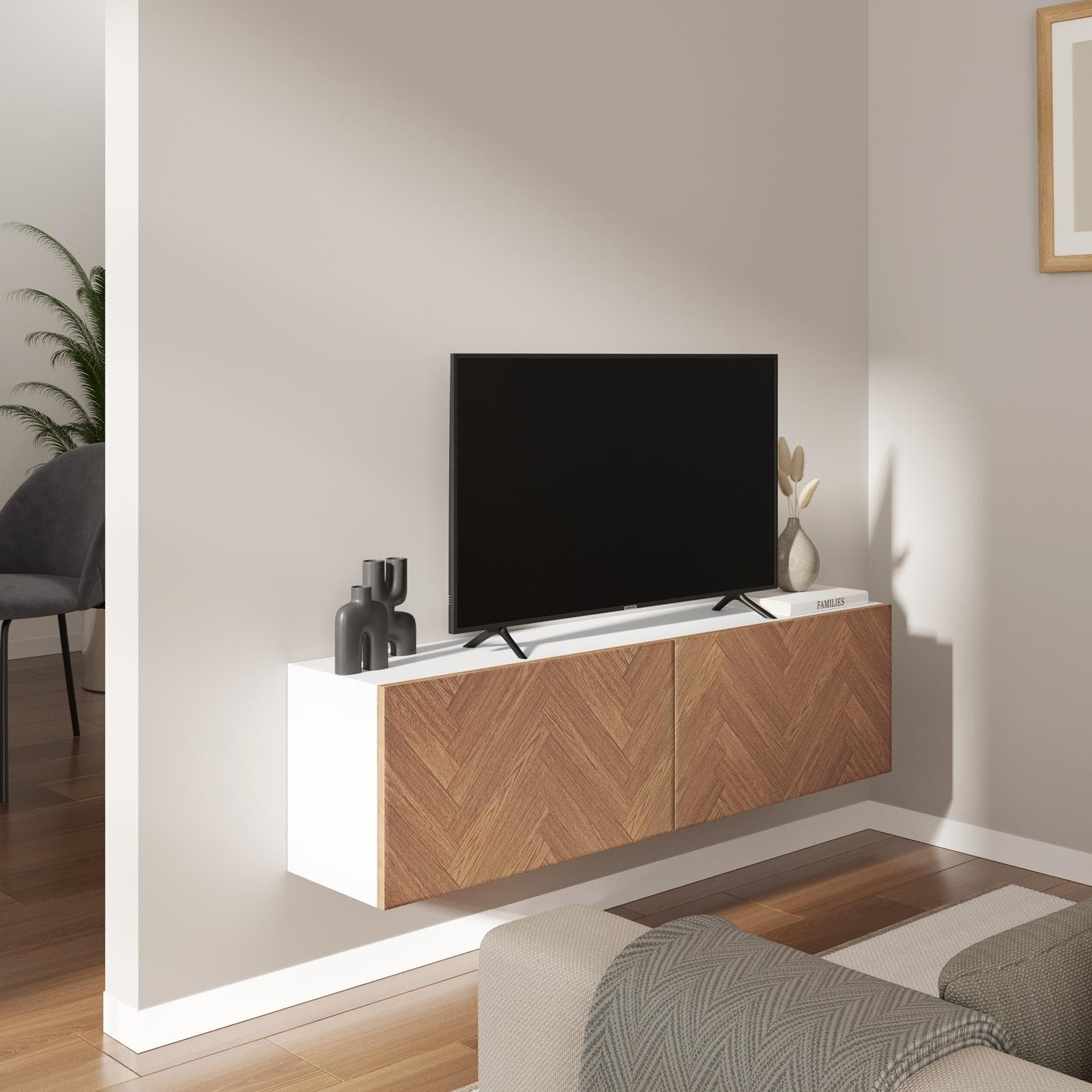 Mobile porta tv 120 cm bianco e rovere effetto parquet con 2 ante - Betka