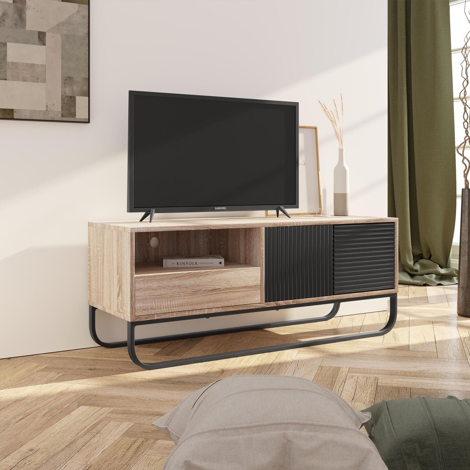 Mobile porta tv 120 cm in legno cannettato rovere e nero - Sven