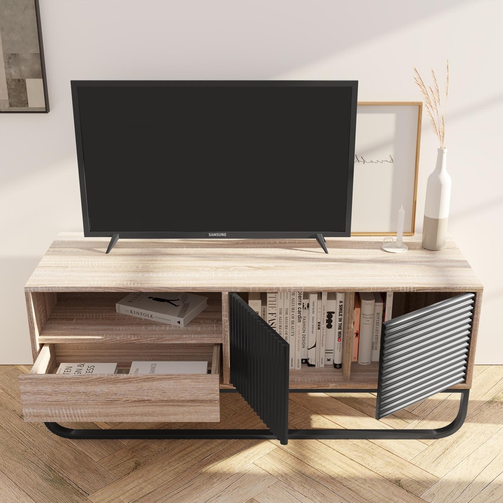 Mobile porta tv 120 cm in legno cannettato rovere e nero - Sven