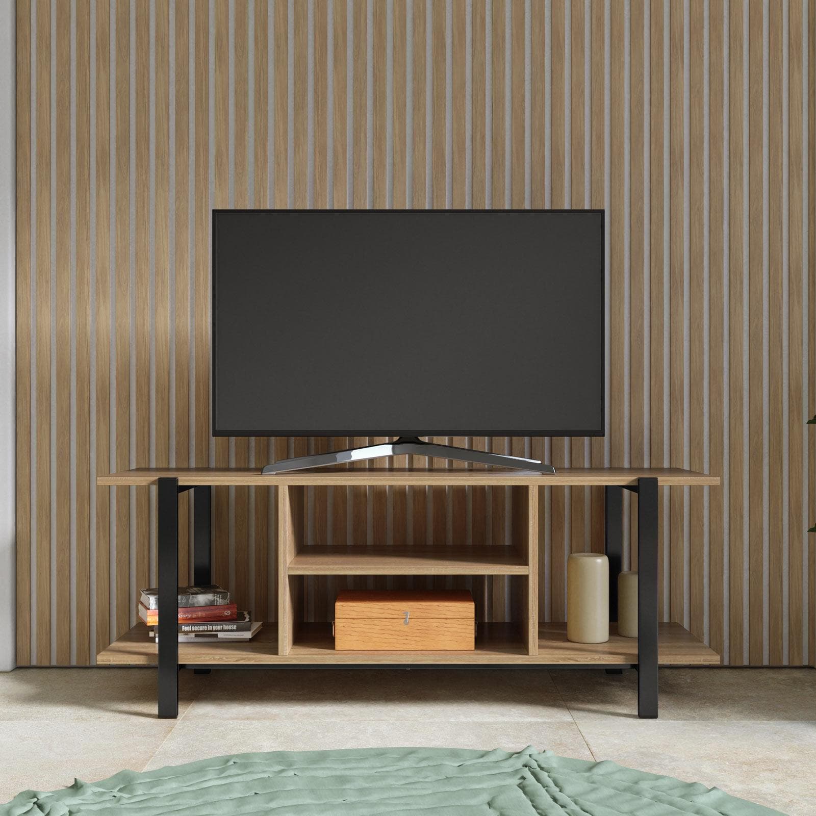 Mobile porta tv 120x35 cm effetto rovere scuro con vani a giorno e struttura in accaio nero - Fivar