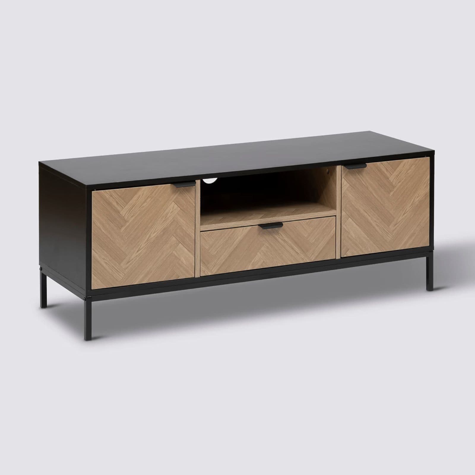 Mobile porta tv 120x40 cm in acciaio nero con ante in legno effetto parquet - Blacky
