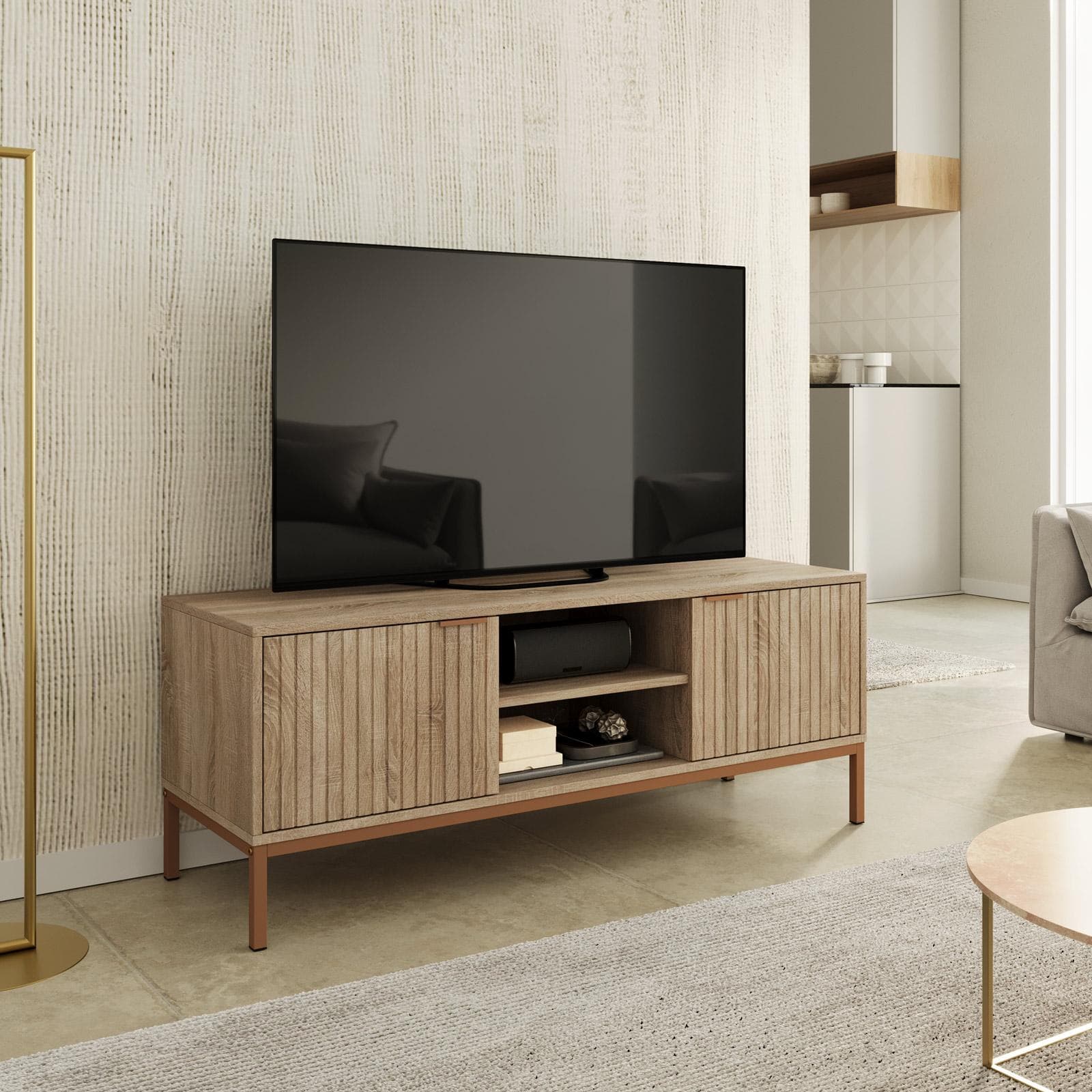 Mobile porta tv 120x46h cm rovere cannettato con 2 ante e struttura in acciaio oro bronzato - Kloser