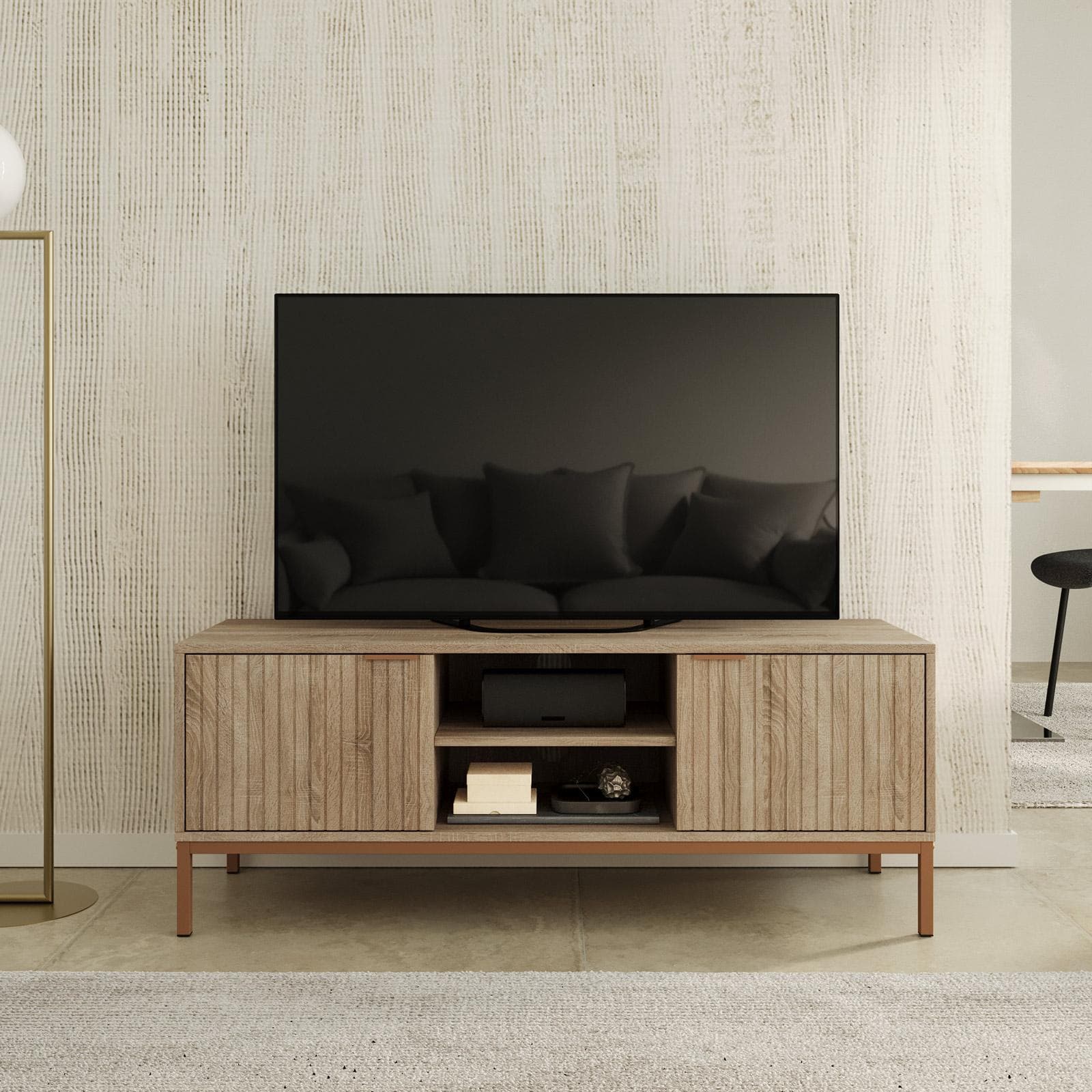 Mobile porta tv 120x46h cm rovere cannettato con 2 ante e struttura in acciaio oro bronzato - Kloser