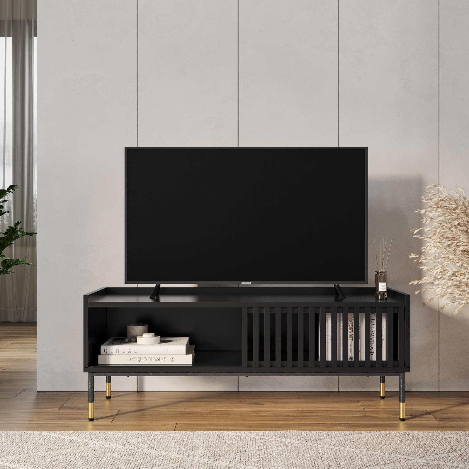 Mobile porta tv 120x47h cm con 1 anta nero opaco cannettato e gambe in acciaio con dettagli oro - Mirabel