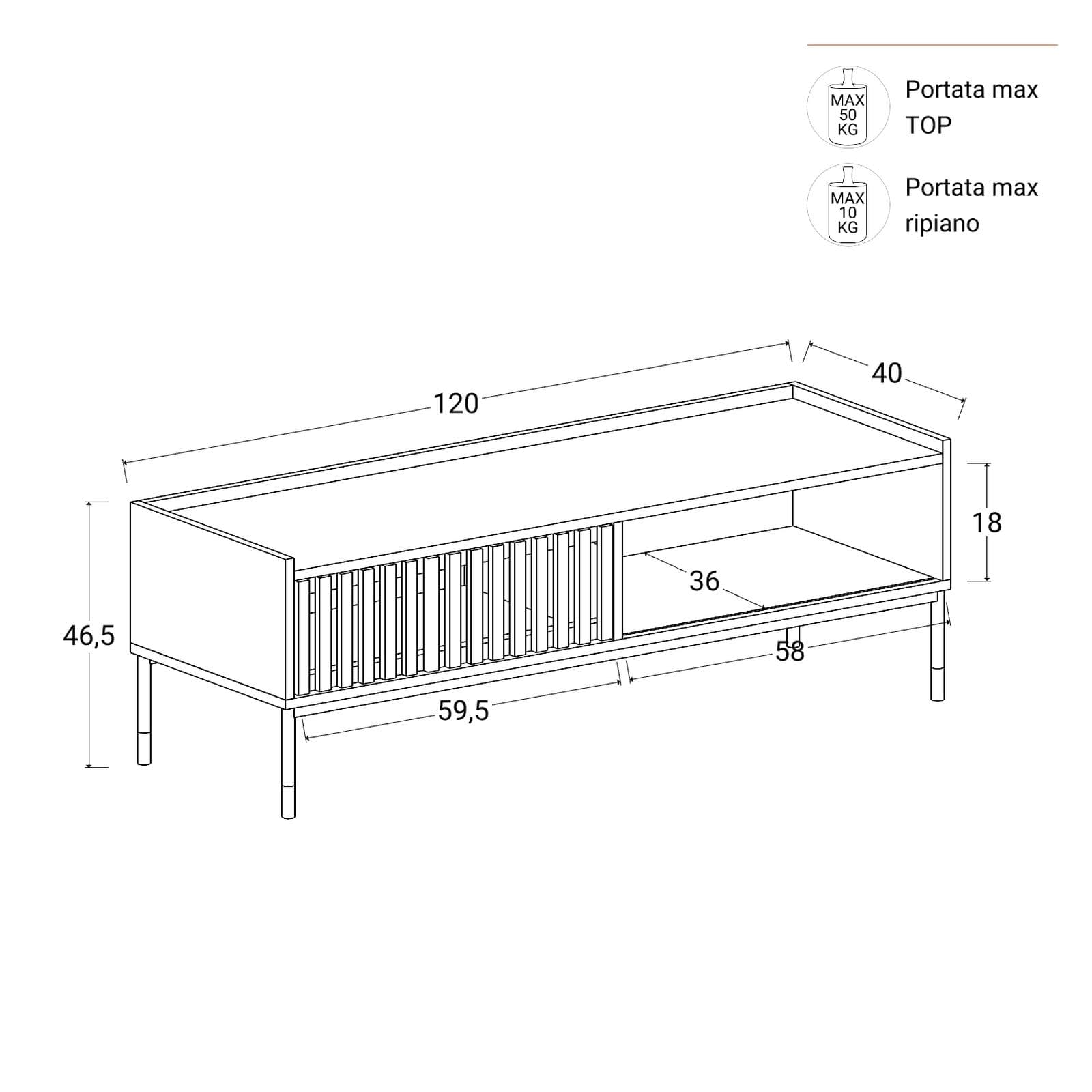 Mobile porta tv 120x47h cm con 1 anta nero opaco cannettato e gambe in acciaio con dettagli oro - Mirabel