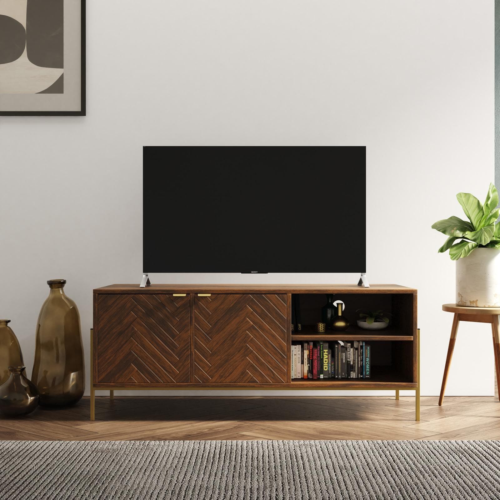 Mobile porta tv 120x48h cm in legno noce effetto parquet con 2 ante e struttura in metallo oro bronzato - Mufasa