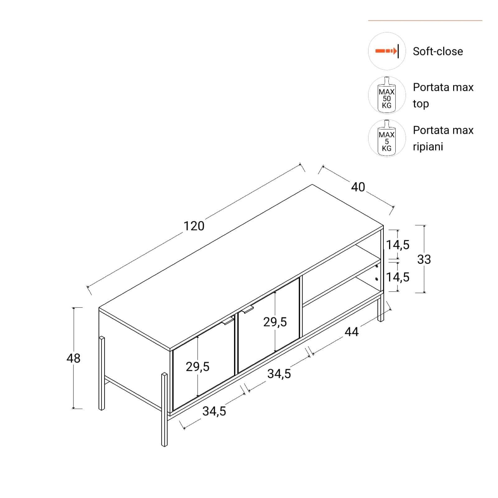 Mobile porta tv 120x48h cm in legno noce effetto parquet con 2 ante e struttura in metallo oro bronzato - Mufasa