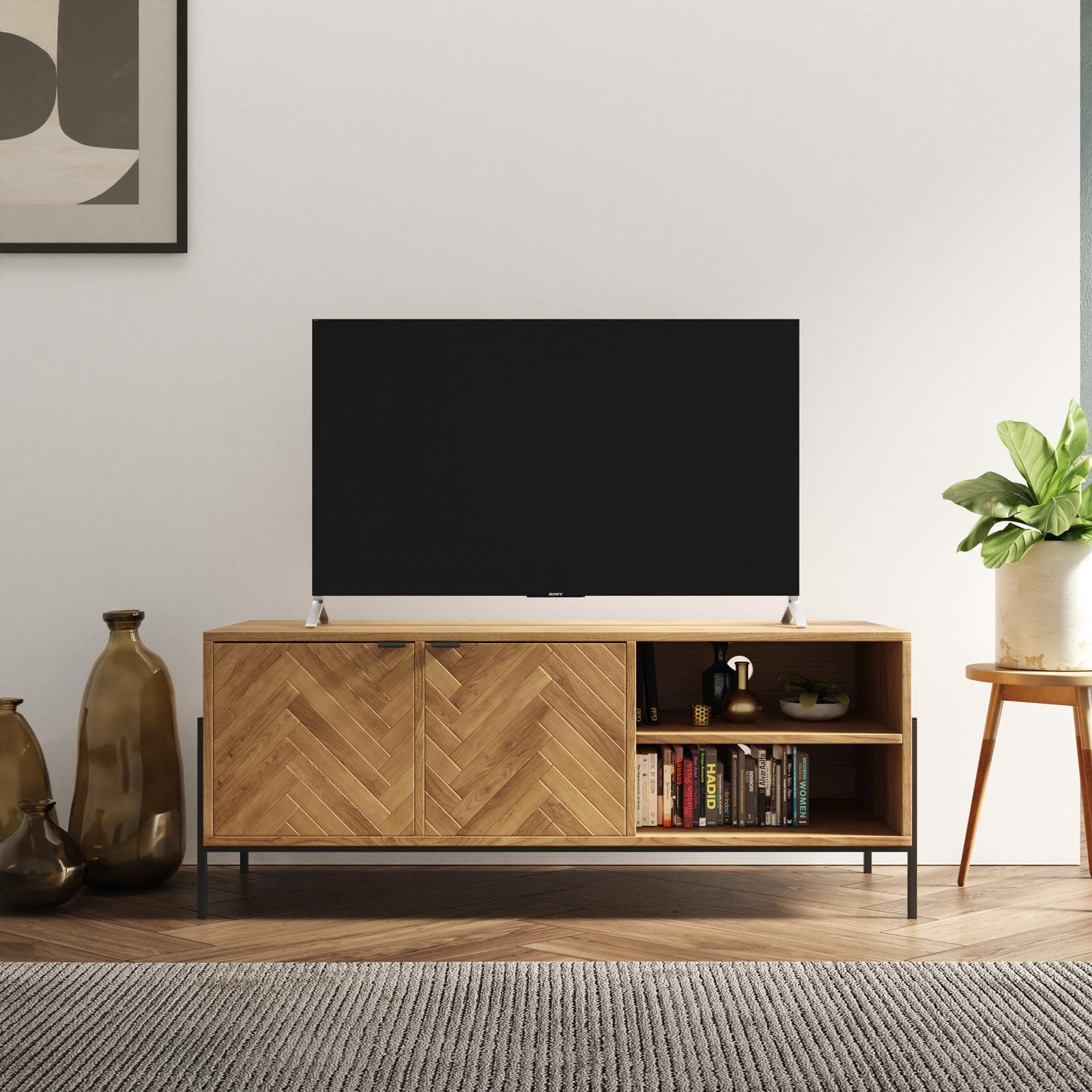 Mobile porta tv 120x48h cm in legno rovere chiaro effetto parquet con 2 ante e struttura in metallo nero opaco - Mufasa