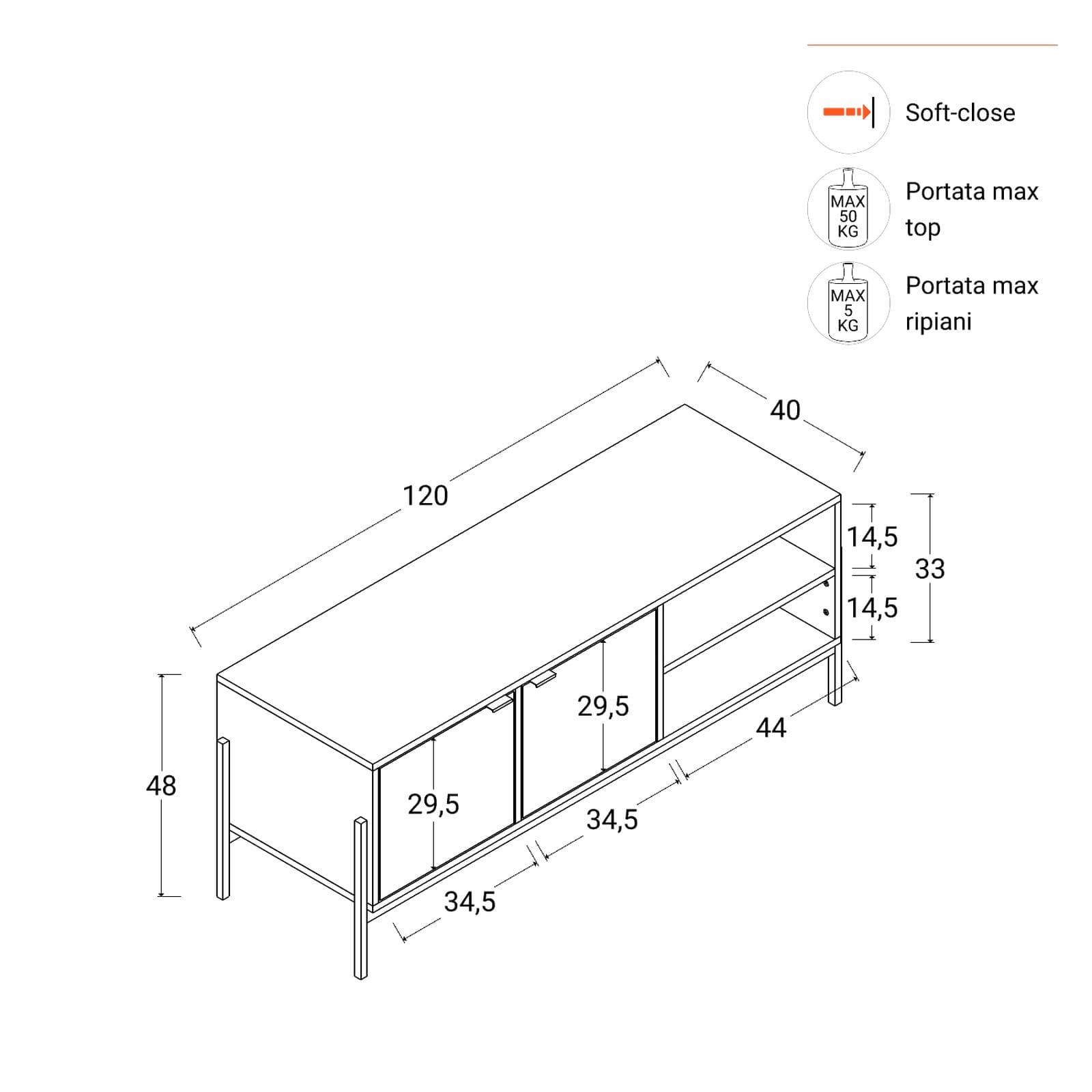 Mobile porta tv 120x48h cm in legno rovere chiaro effetto parquet con 2 ante e struttura in metallo nero opaco - Mufasa