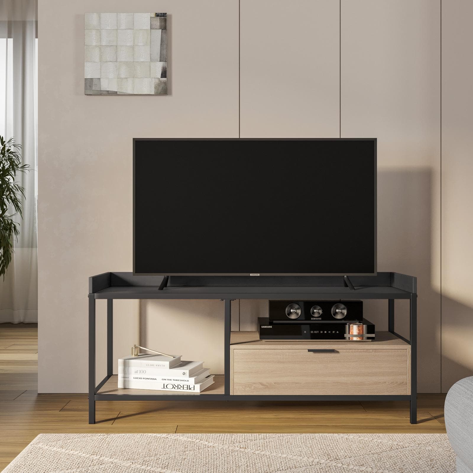 Mobile porta tv 120x54h cm effetto rovere grano e metallo nero con cassetto - Puton