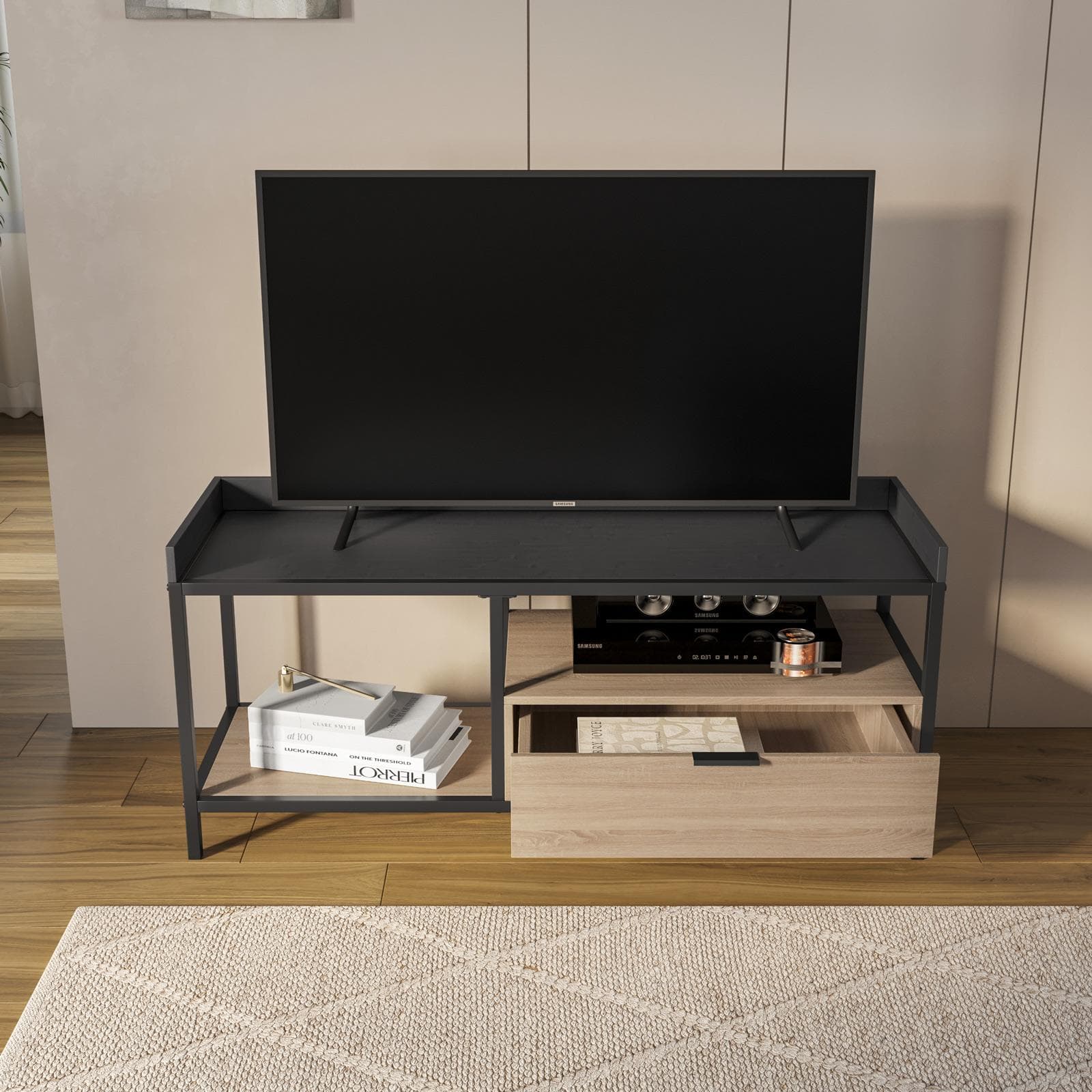 Mobile porta tv 120x54h cm effetto rovere grano e metallo nero con cassetto - Puton