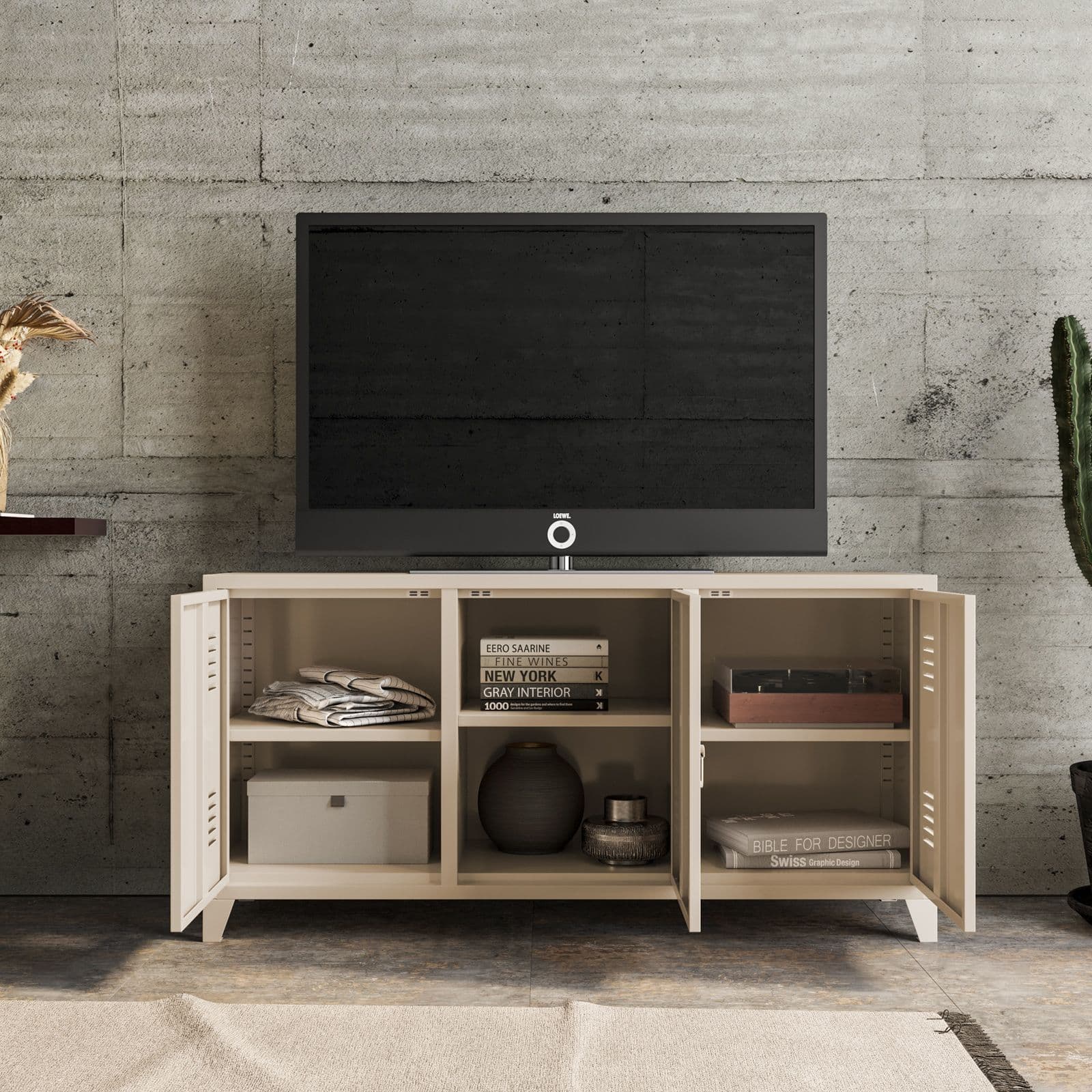 Mobile porta tv 120x60h cm in acciaio verniciato crema con 3 ante - Easton