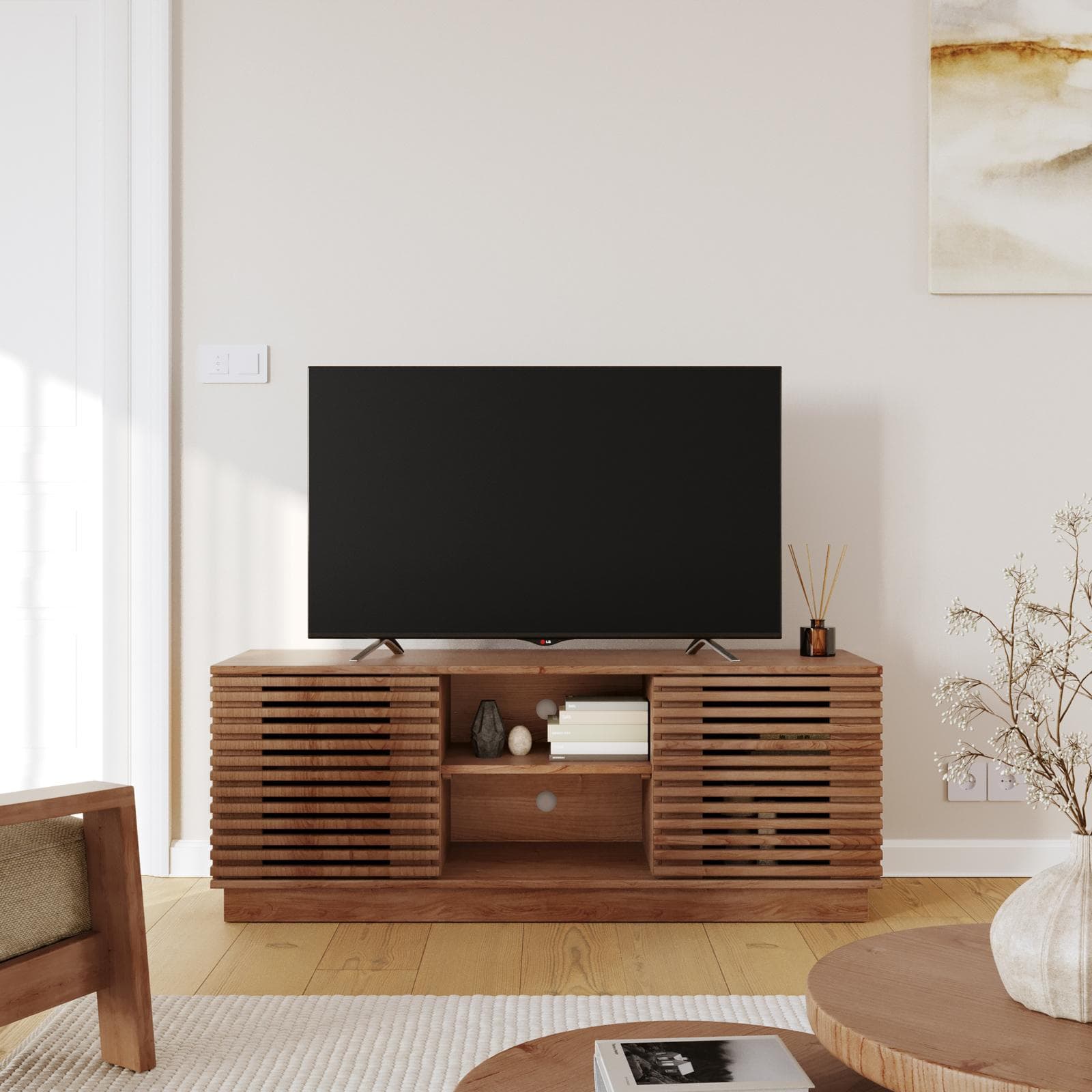Mobile porta TV 130x50 cm in legno di acacia cannettato - Karan
