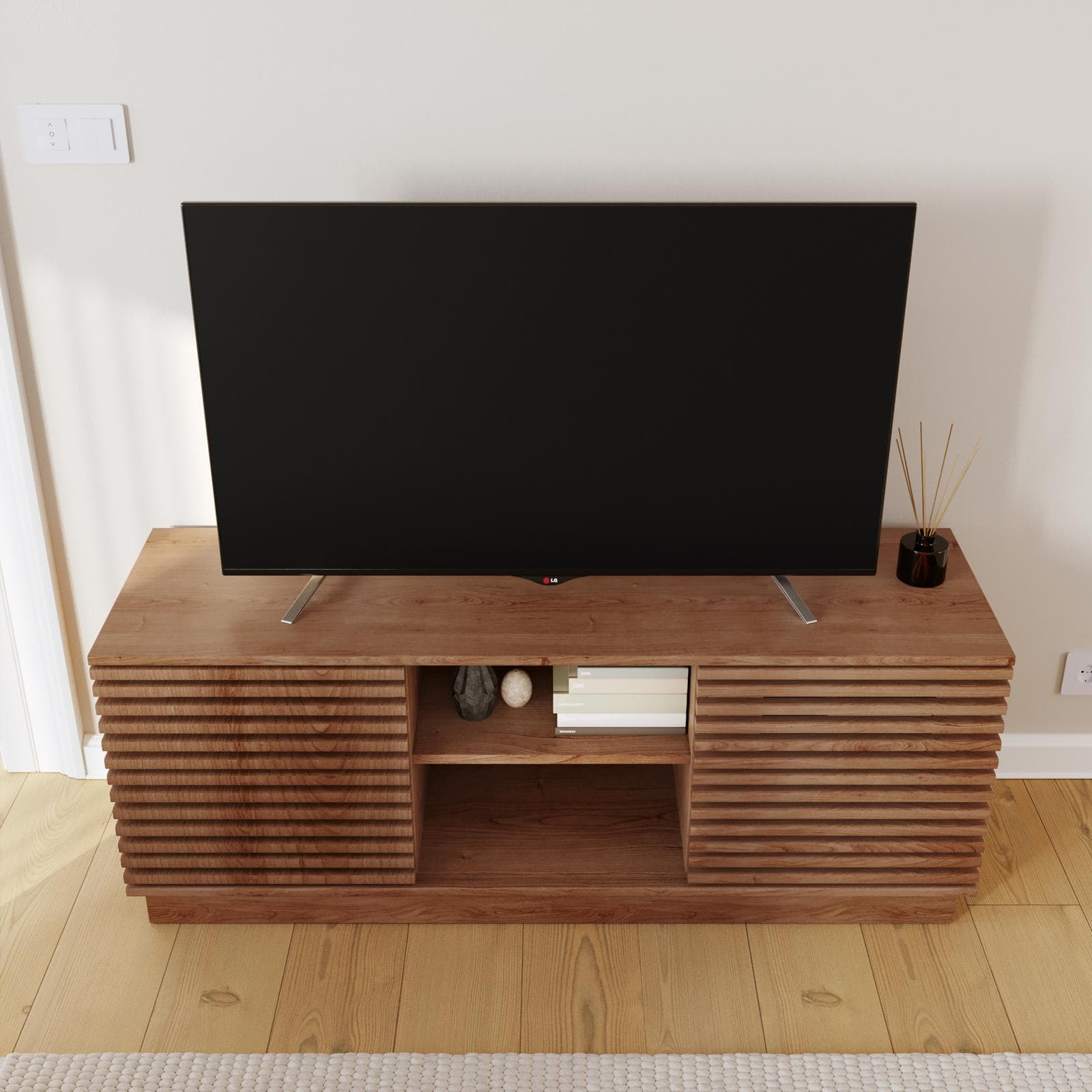 Mobile porta TV 130x50 cm in legno di acacia cannettato - Karan