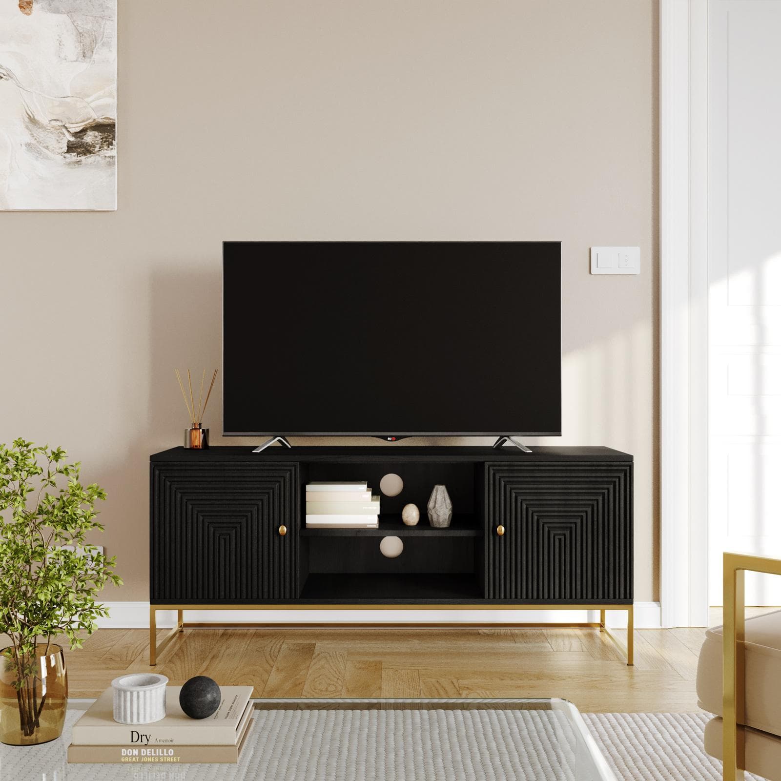 Mobile porta tv 130x55 cm in legno di mango nero cannettato e metallo oro - Dunkel