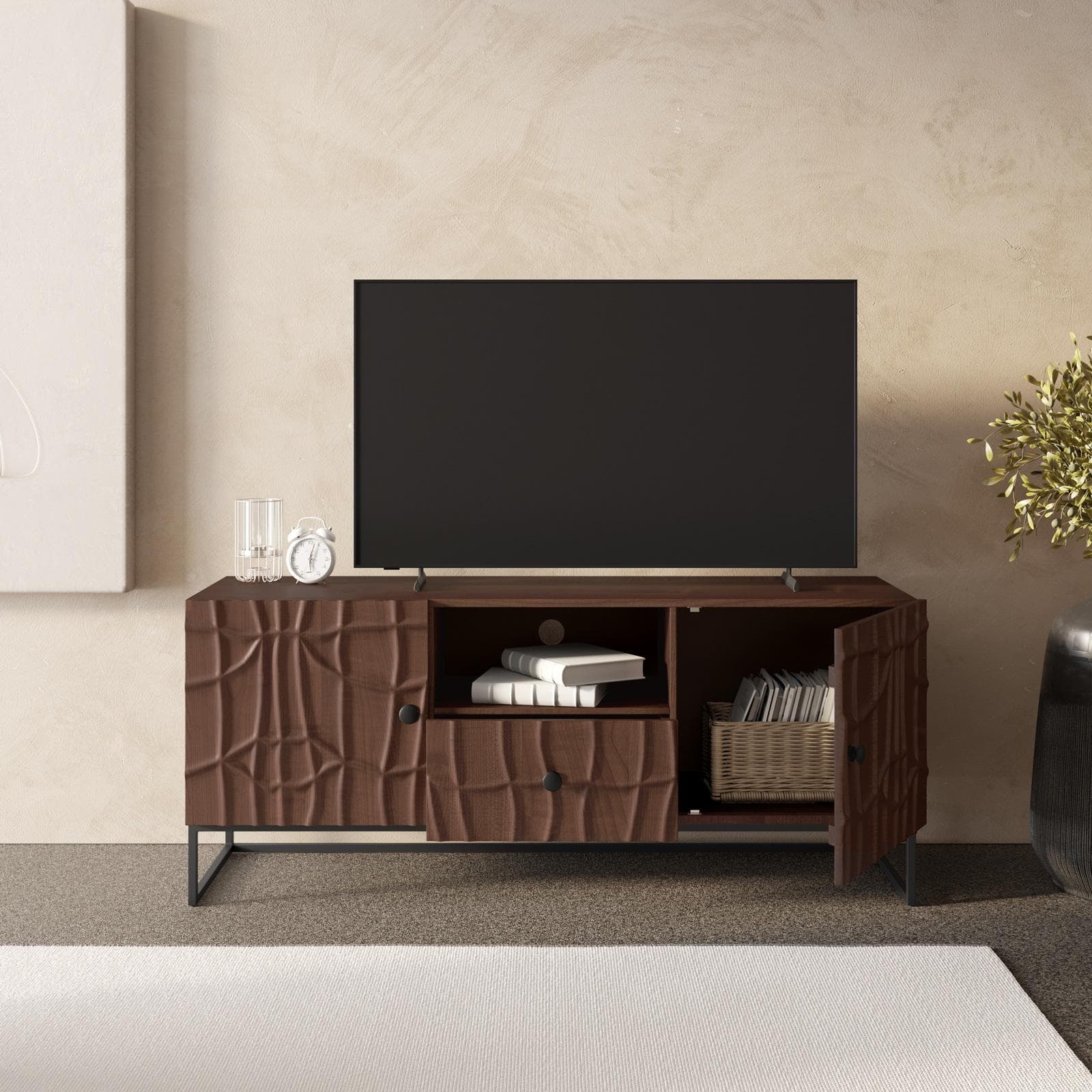 Mobile porta tv 130x55h cm in legno di mango noce e metallo nero con 2 ante e 1 cassetto - Hyperion