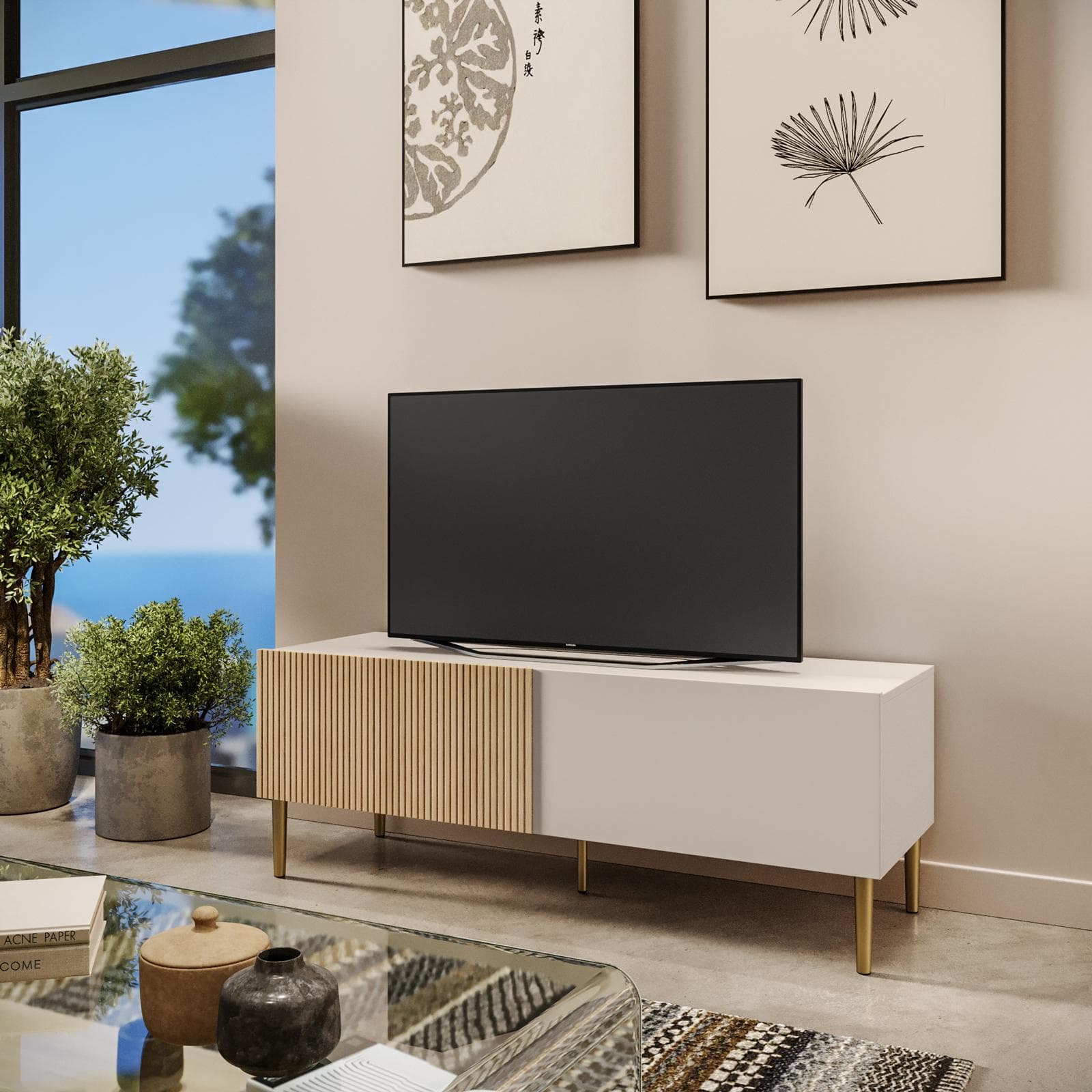 Mobile porta tv 140x44h cm cashmere e rovere albini cannettato con 2 cassetti e gambe oro opaco - Zelma