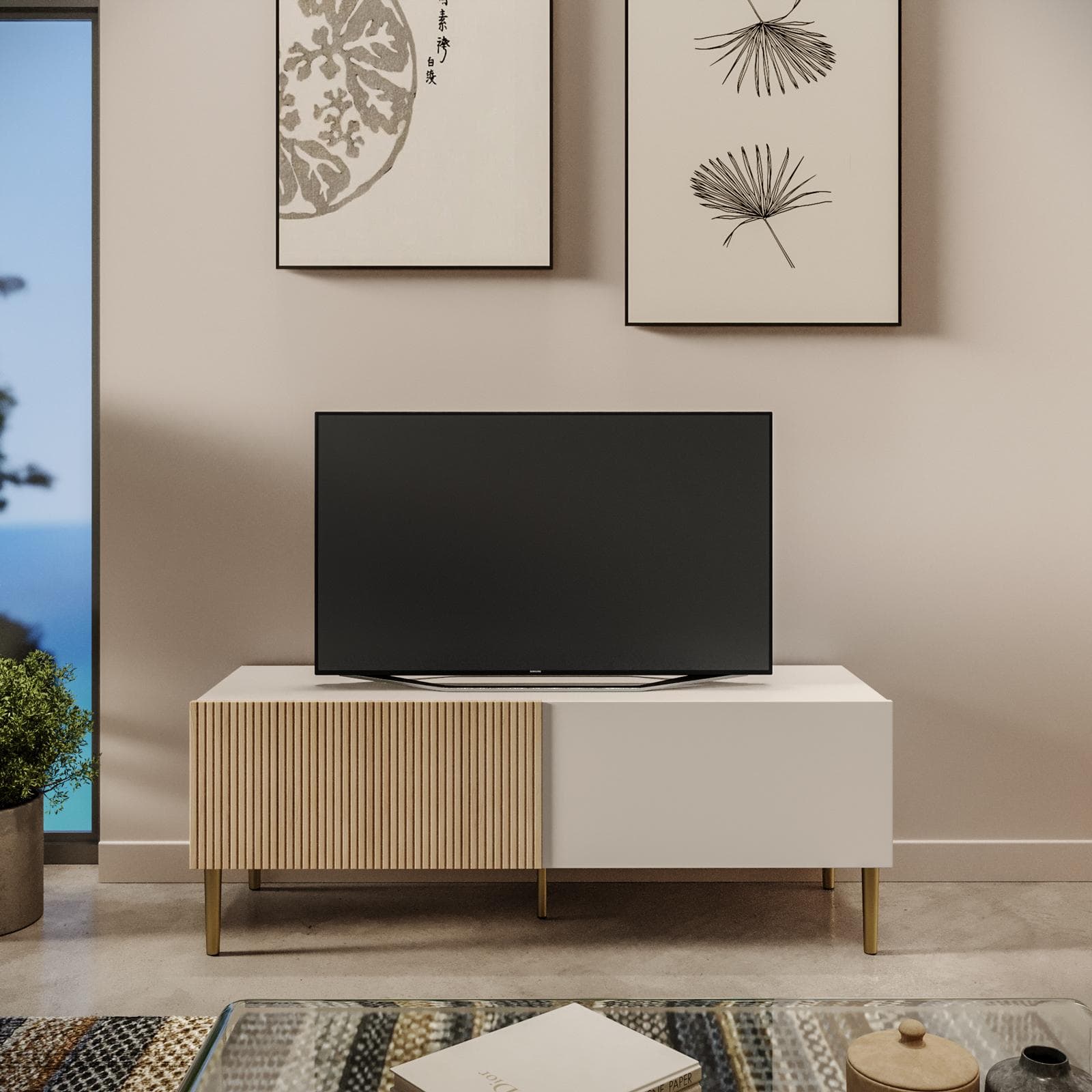 Mobile porta tv 140x44h cm cashmere e rovere albini cannettato con 2 cassetti e gambe oro opaco - Zelma