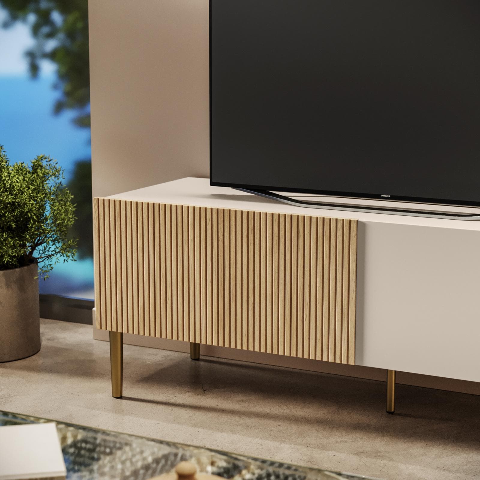 Mobile porta tv 140x44h cm cashmere e rovere albini cannettato con 2 cassetti e gambe oro opaco - Zelma