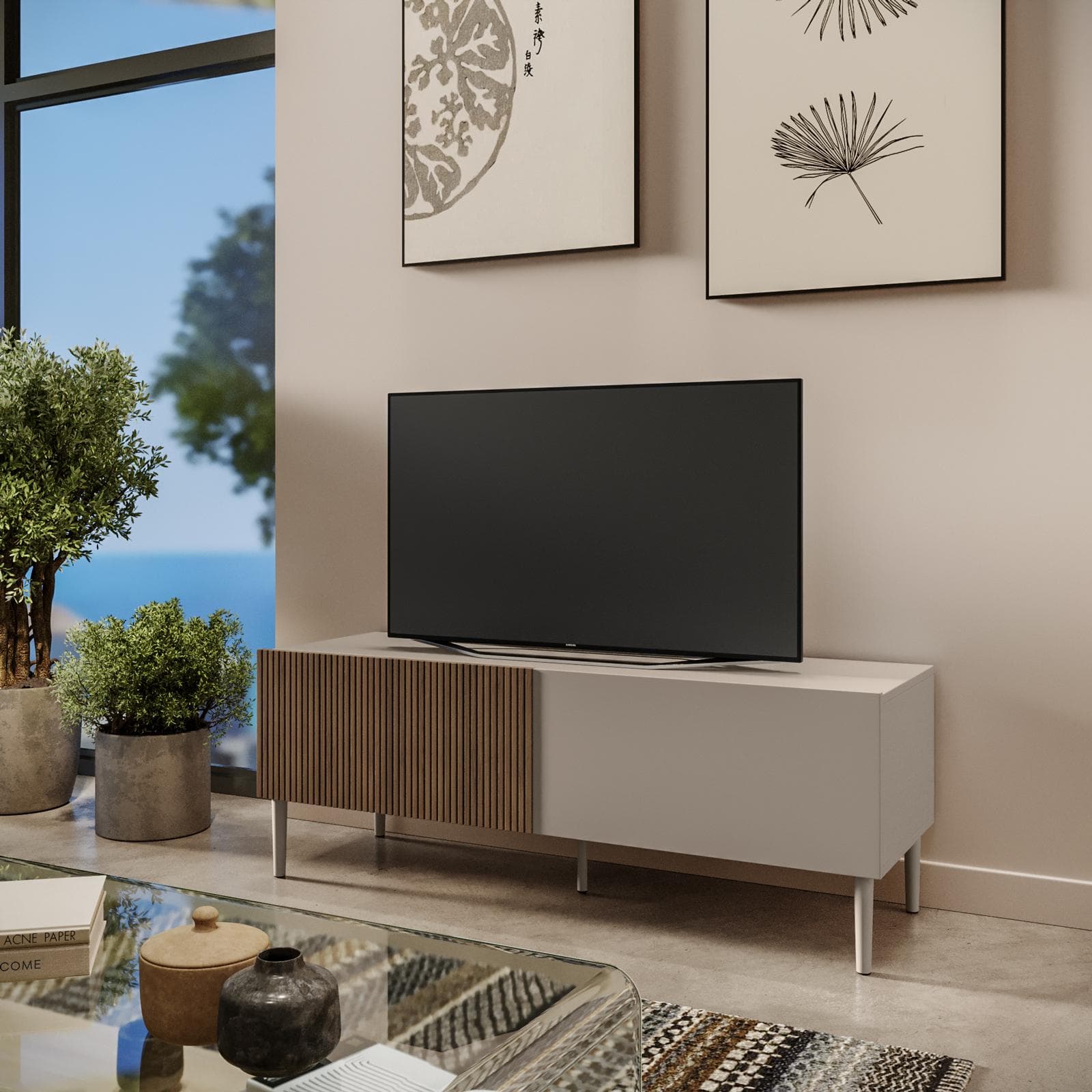 Mobile porta tv 140x44h cm tortora e rovere millennium cannettato con 2 cassetti e gambe tortora - Zelma