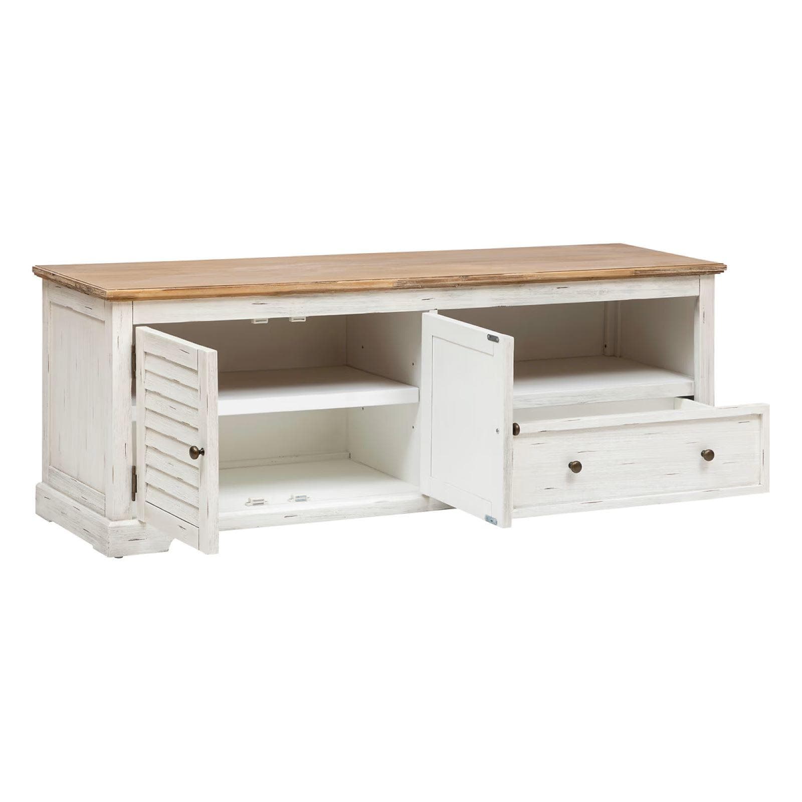 Mobile porta tv 140x50h cm in legno di acacia bianco e naturale con 2 ante e 1 cassetto - Tennesee
