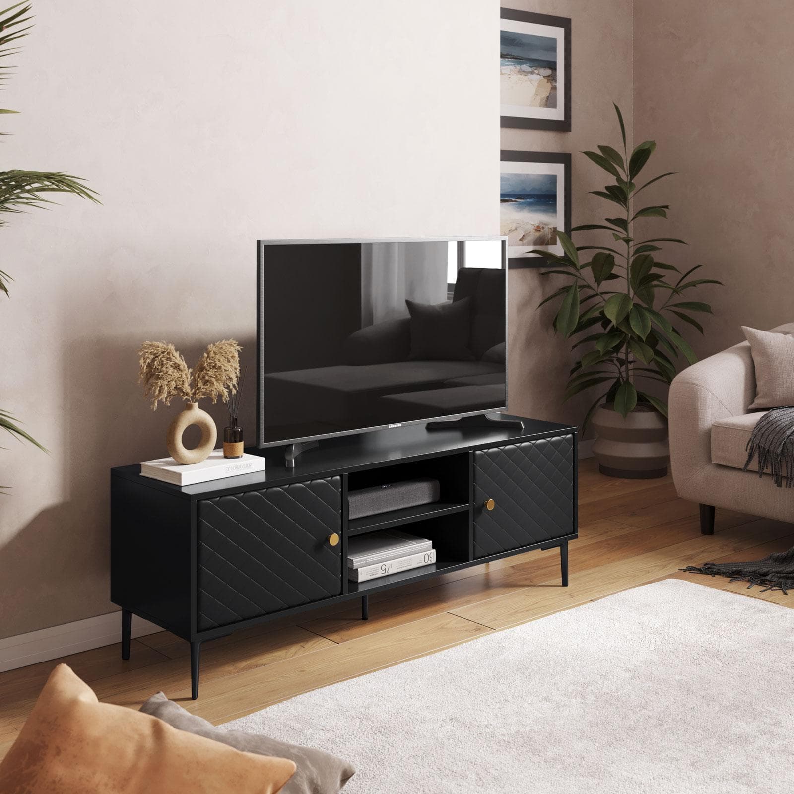 Mobile porta tv 140x50h cm nero opaco e similpelle con 2 ante - Zimma