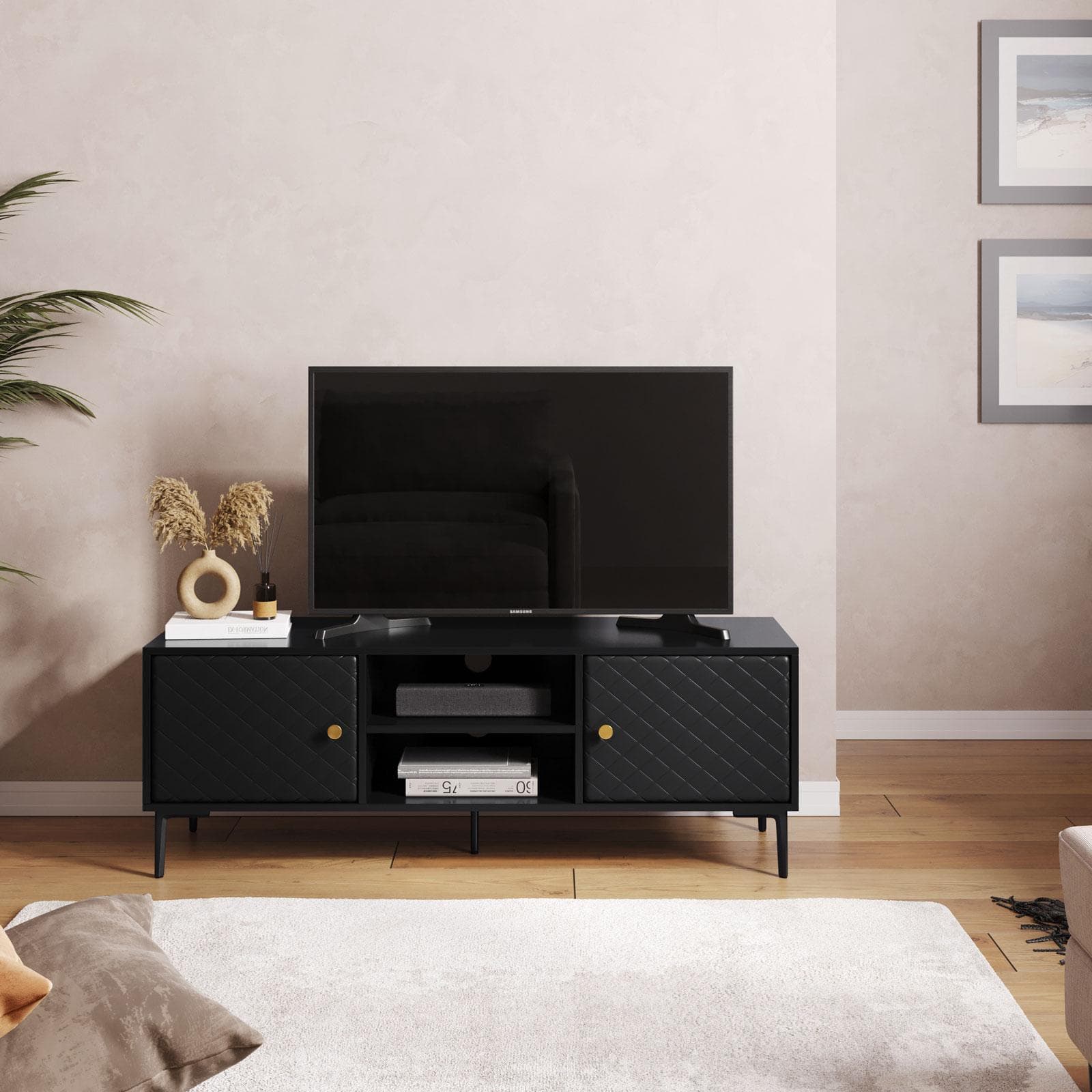 Mobile porta tv 140x50h cm nero opaco e similpelle con 2 ante - Zimma