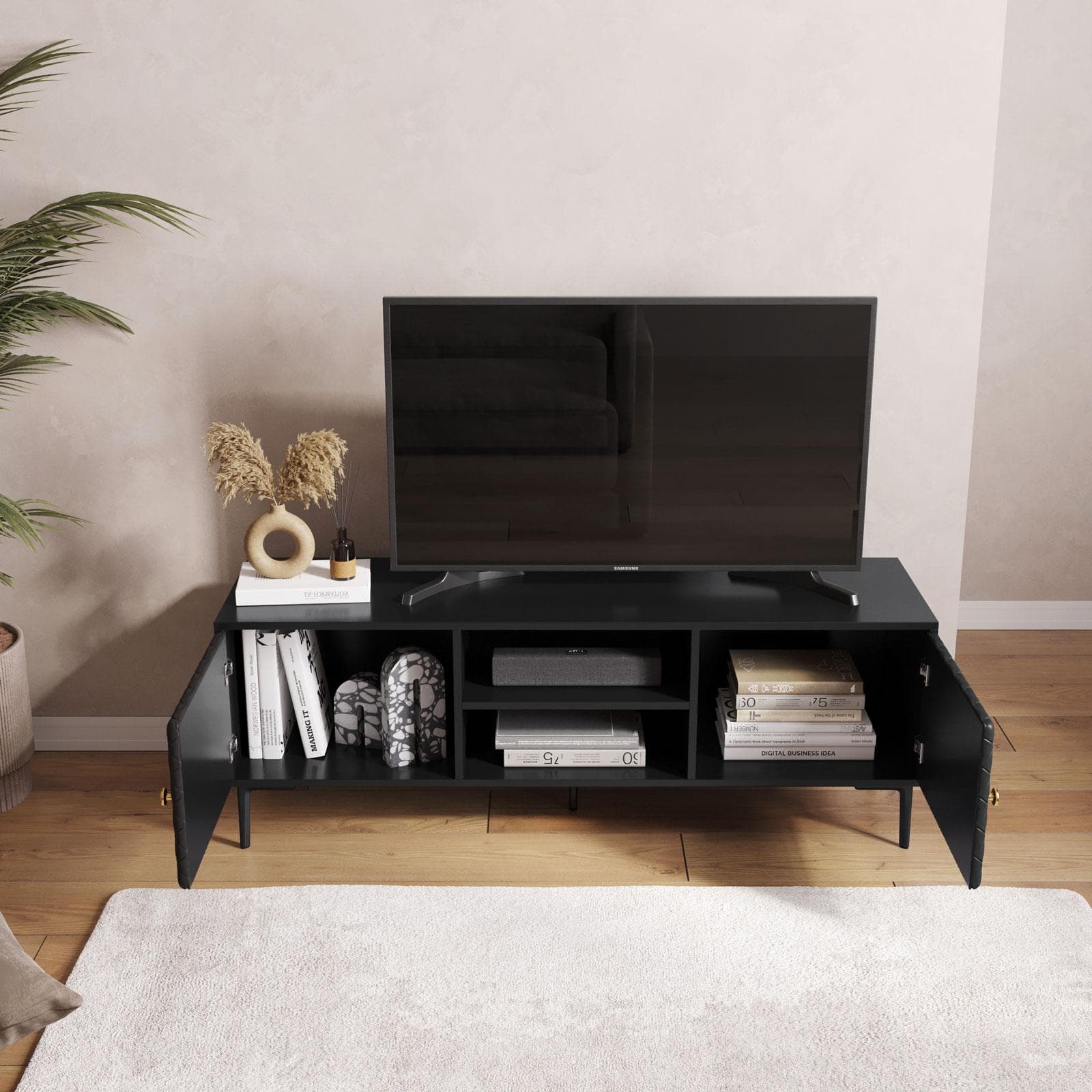 Mobile porta tv 140x50h cm nero opaco e similpelle con 2 ante - Zimma
